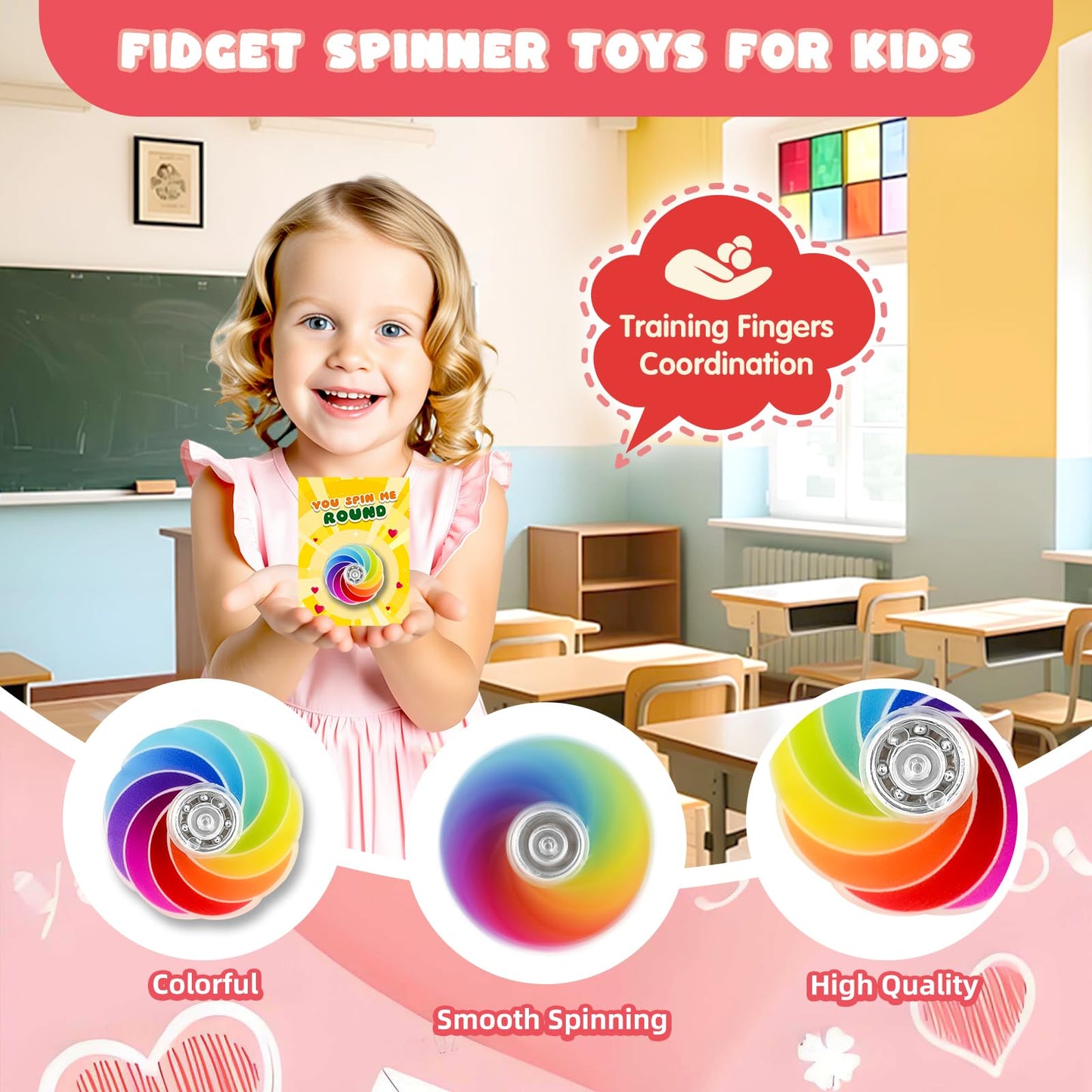 SpringFlower Valentines Day Cards for Kids with Fidget Spinner Toys – 24 Pack Classroom Gifts & Party Favors