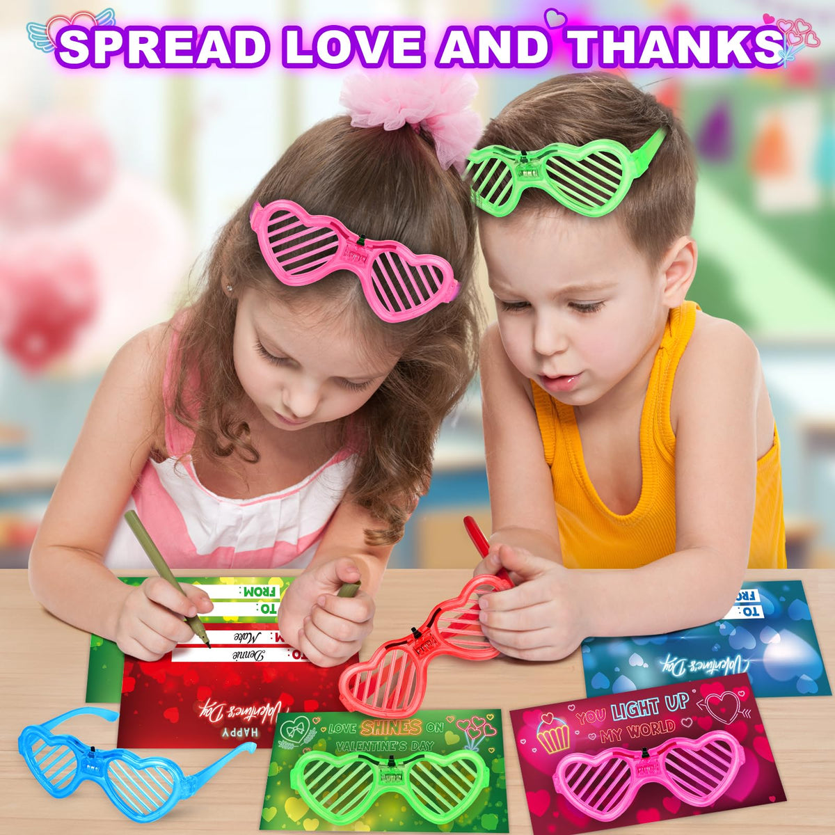 SpringFlower Valentines Day Cards with Light Up Glasses – Classroom Gifts & Party Favors