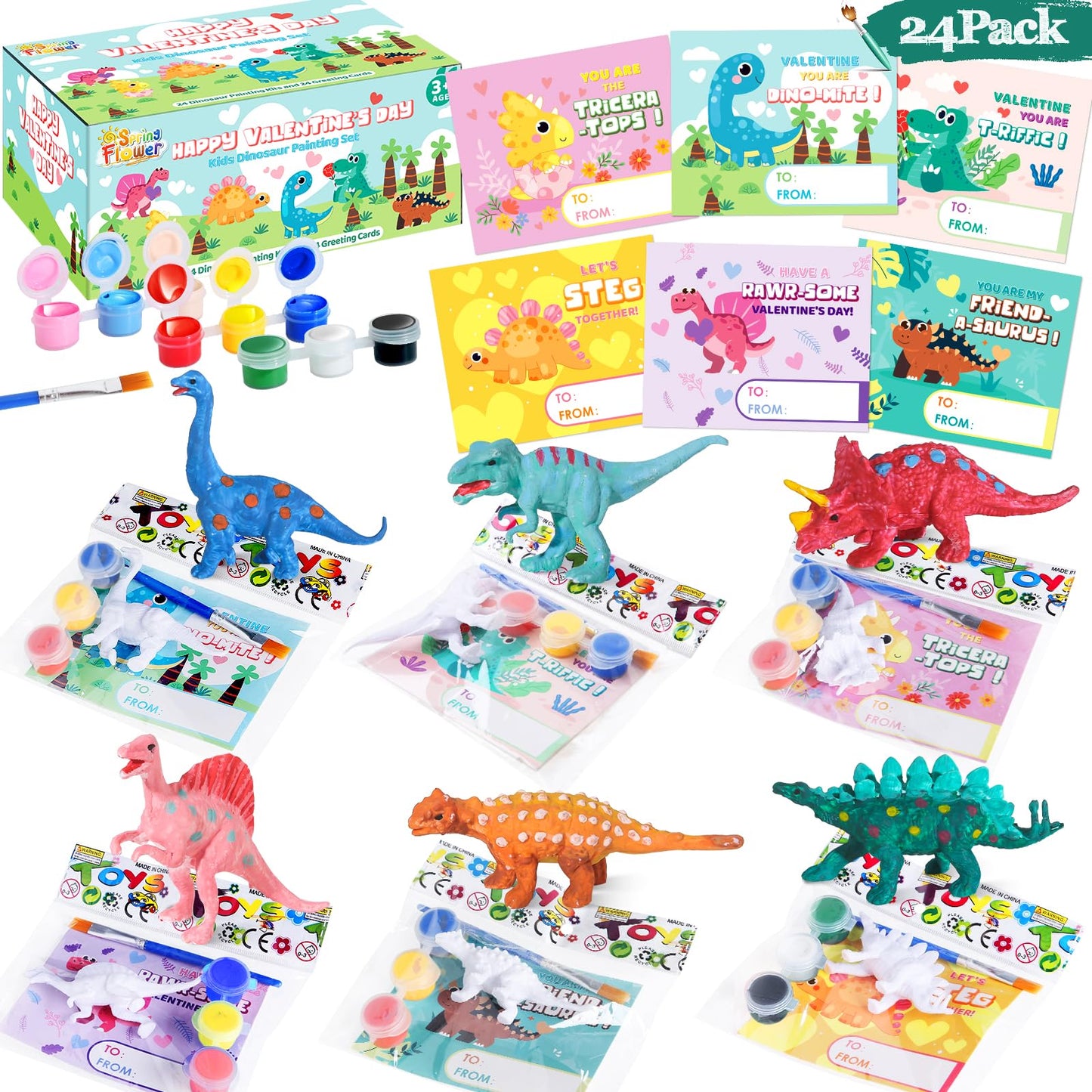 SpringFlower 24-Pack Valentine's Day Cards with Dinosaur Painting Kit for Kids – Classroom Gift Exchange