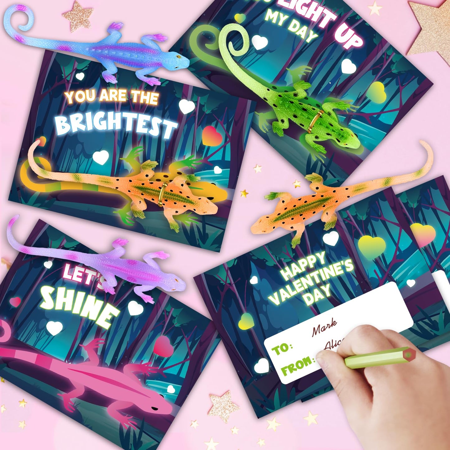 SpringFlower Valentines Day Cards for Kids — 24 Glow-in-the-Dark Lizard Set