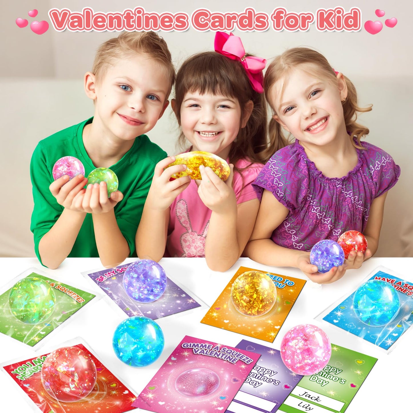 SpringFlower Valentines Cards for Kids with Stretchy Balls - 24 Pack