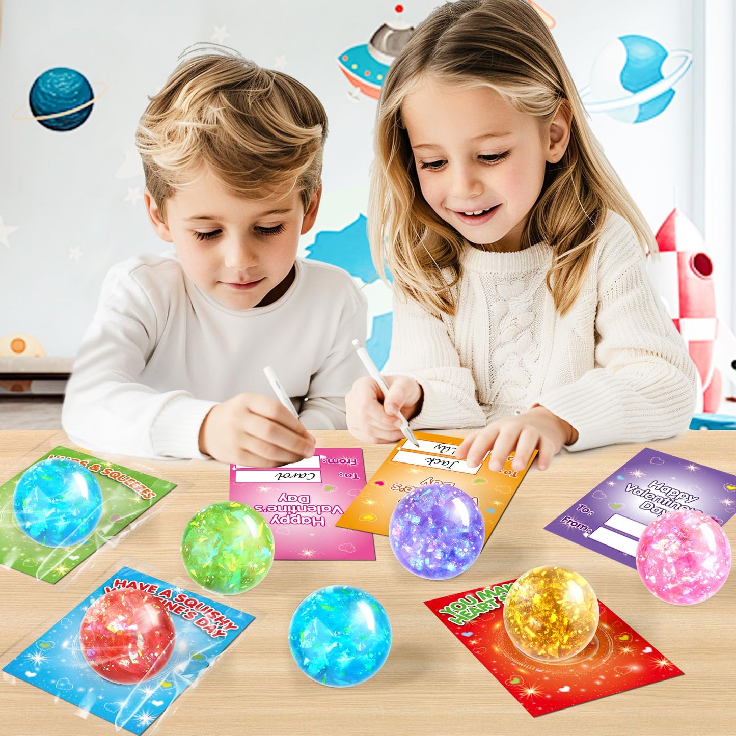 SpringFlower Valentines Cards for Kids with Stretchy Balls - 24 Pack