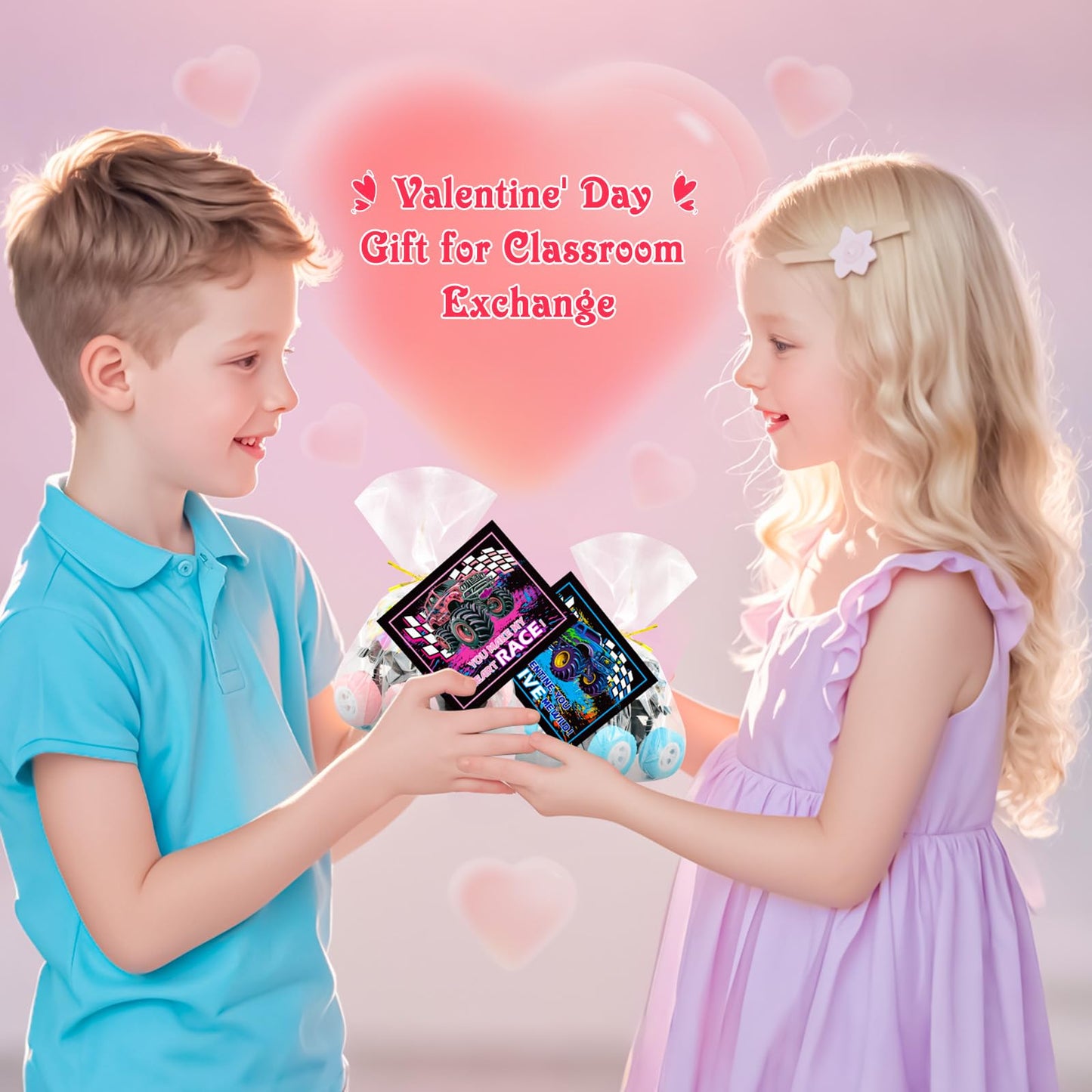 SpringFlower 24-Pack Valentines Cards with Monster Truck Toy – Classroom Gift Set for Kids