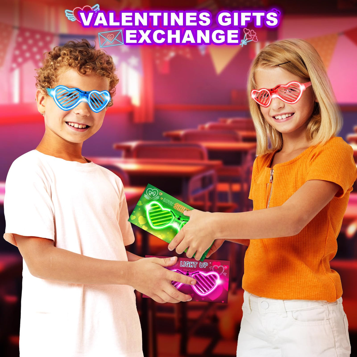 SpringFlower Valentines Day Cards with Light Up Glasses – Classroom Gifts & Party Favors