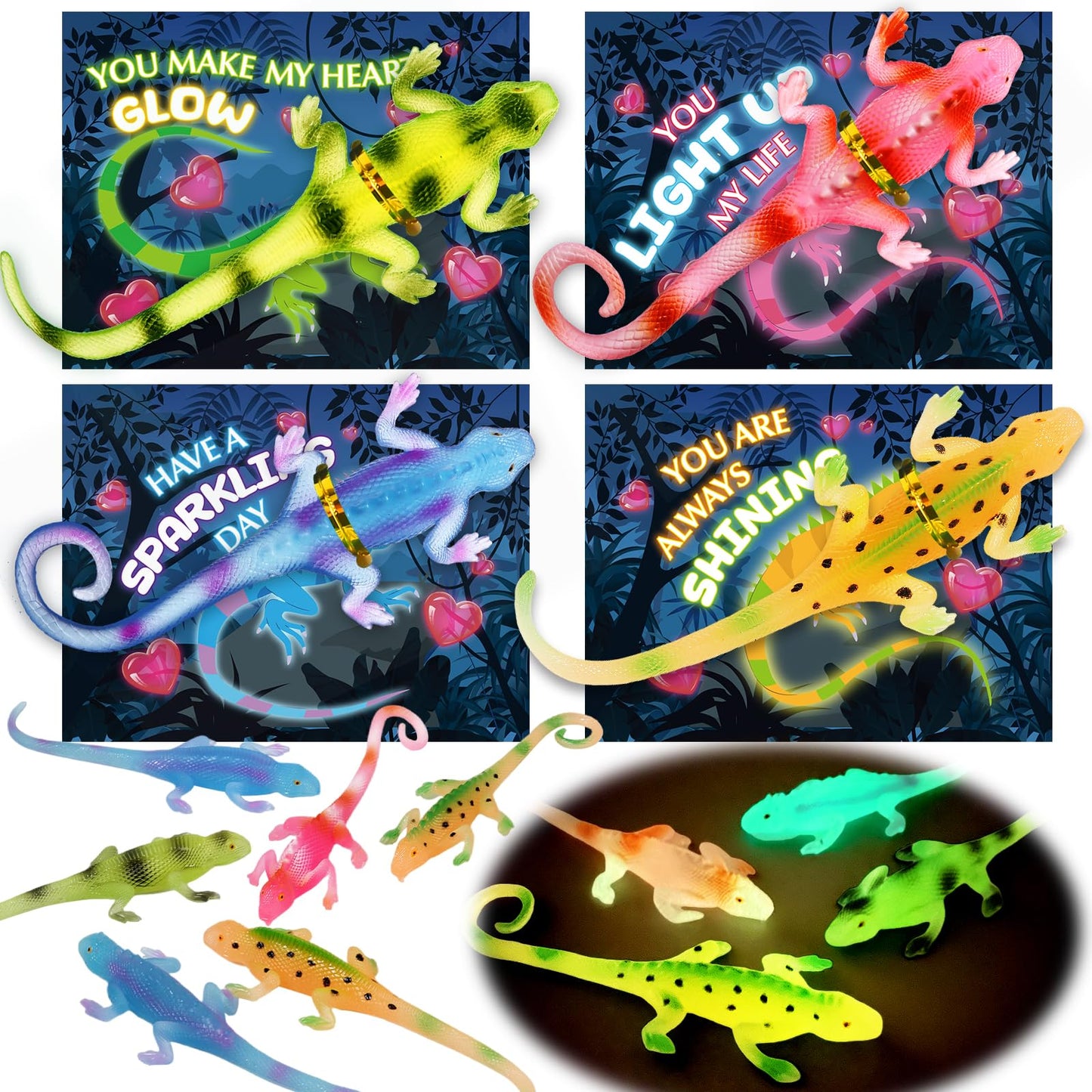 SpringFlower 24-Pack Valentines Cards with Glow-in-the-Dark Lizards