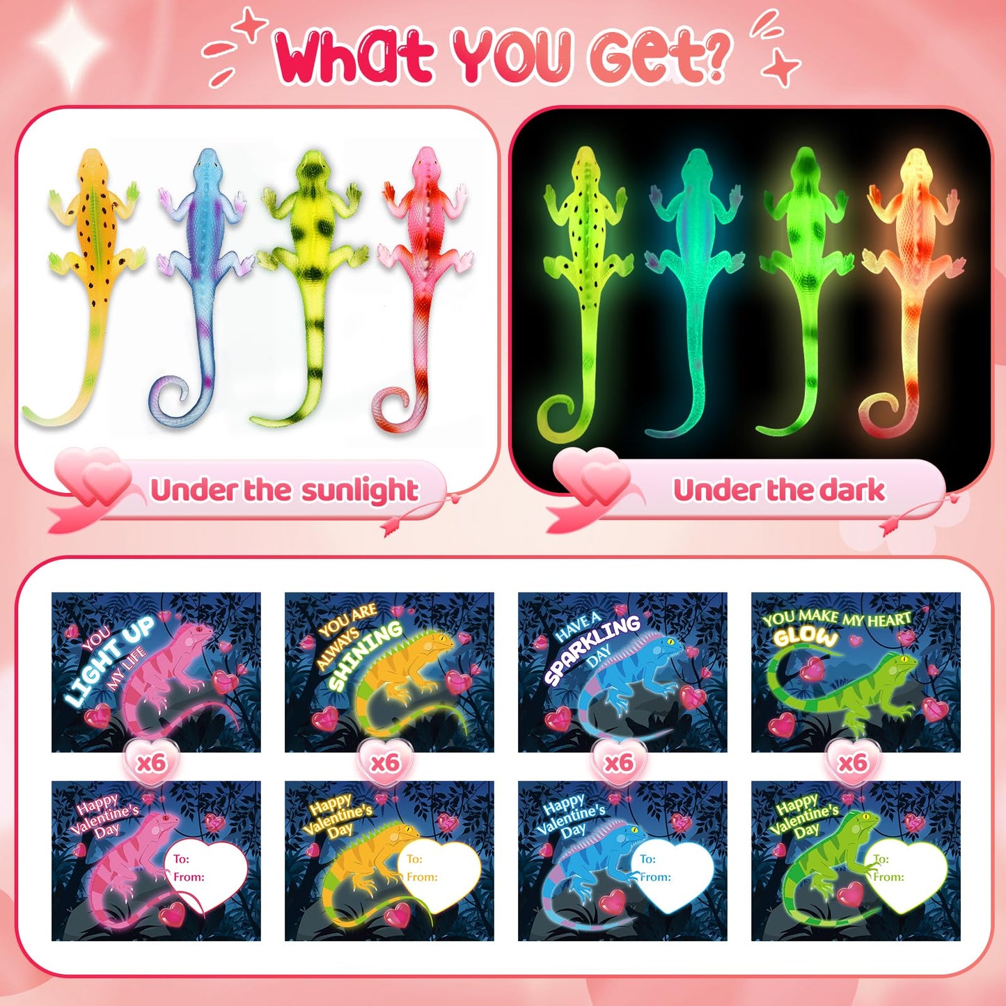 SpringFlower 24-Pack Valentines Cards with Glow-in-the-Dark Lizards