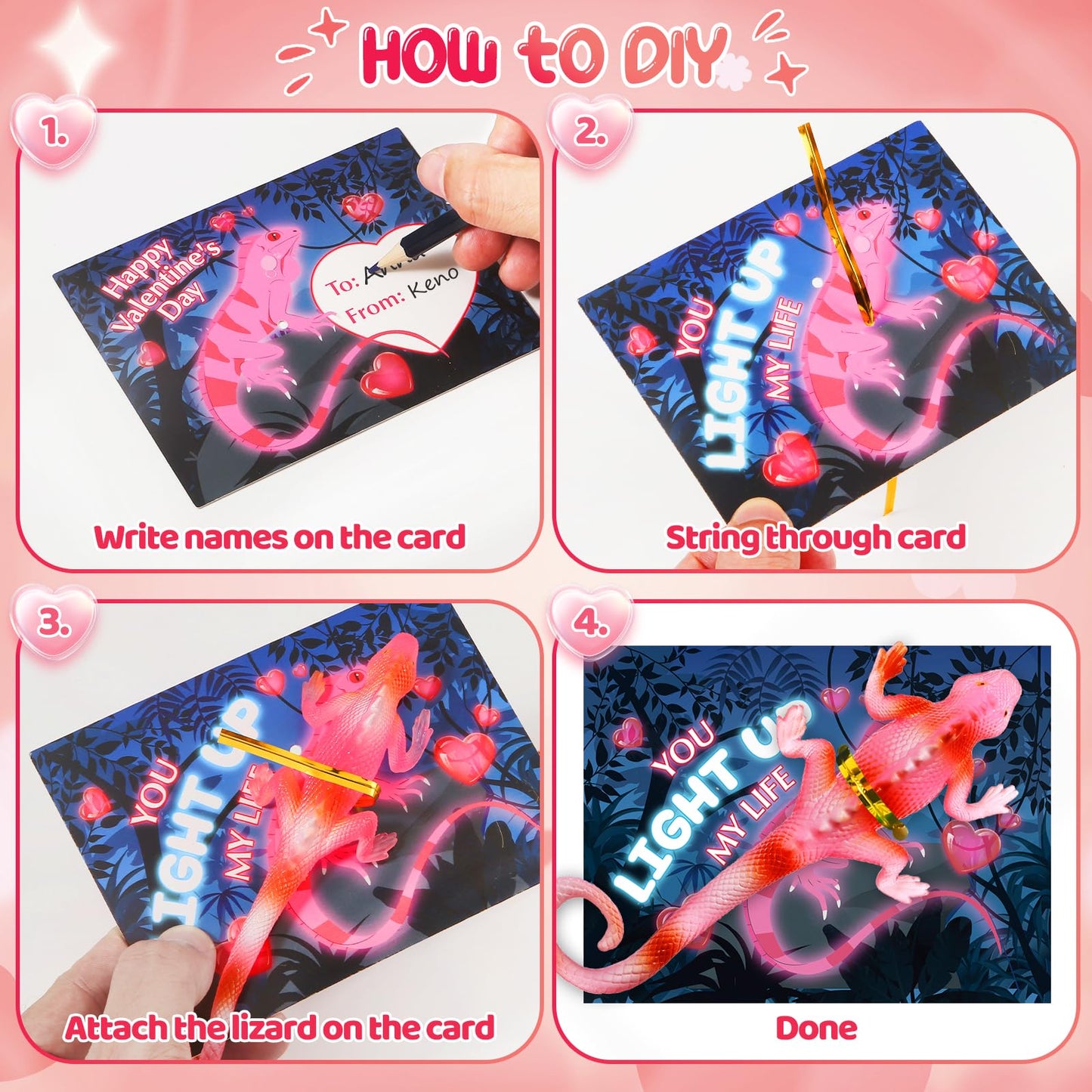 SpringFlower 24-Pack Valentines Cards with Glow-in-the-Dark Lizards