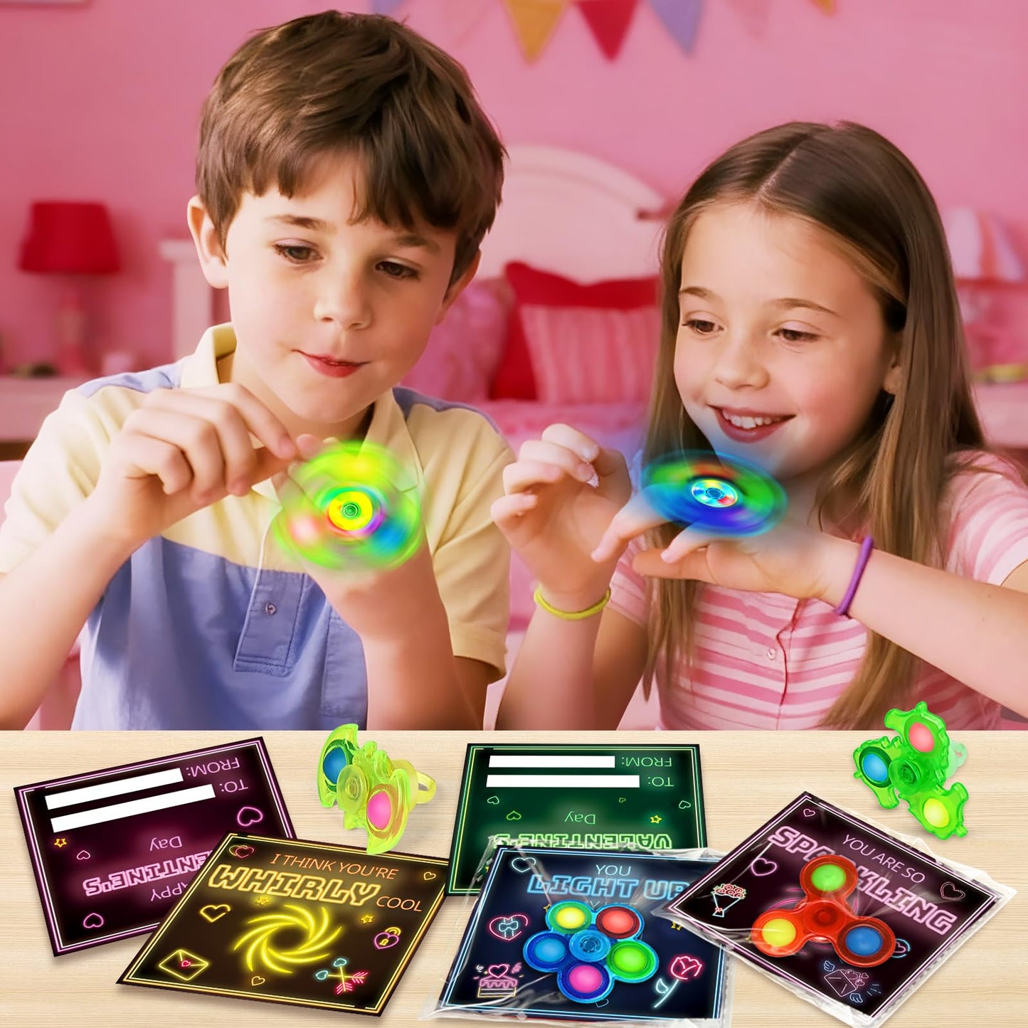 SpringFlower Valentines Day Gifts for Kids – 24 Pack Cards with Light Up Rings & Fidget Spinner Toys