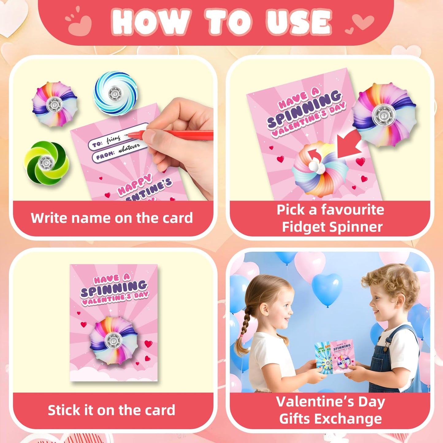 SpringFlower Valentines Day Cards for Kids with Fidget Spinner Toys – 24 Pack Classroom Gifts & Party Favors