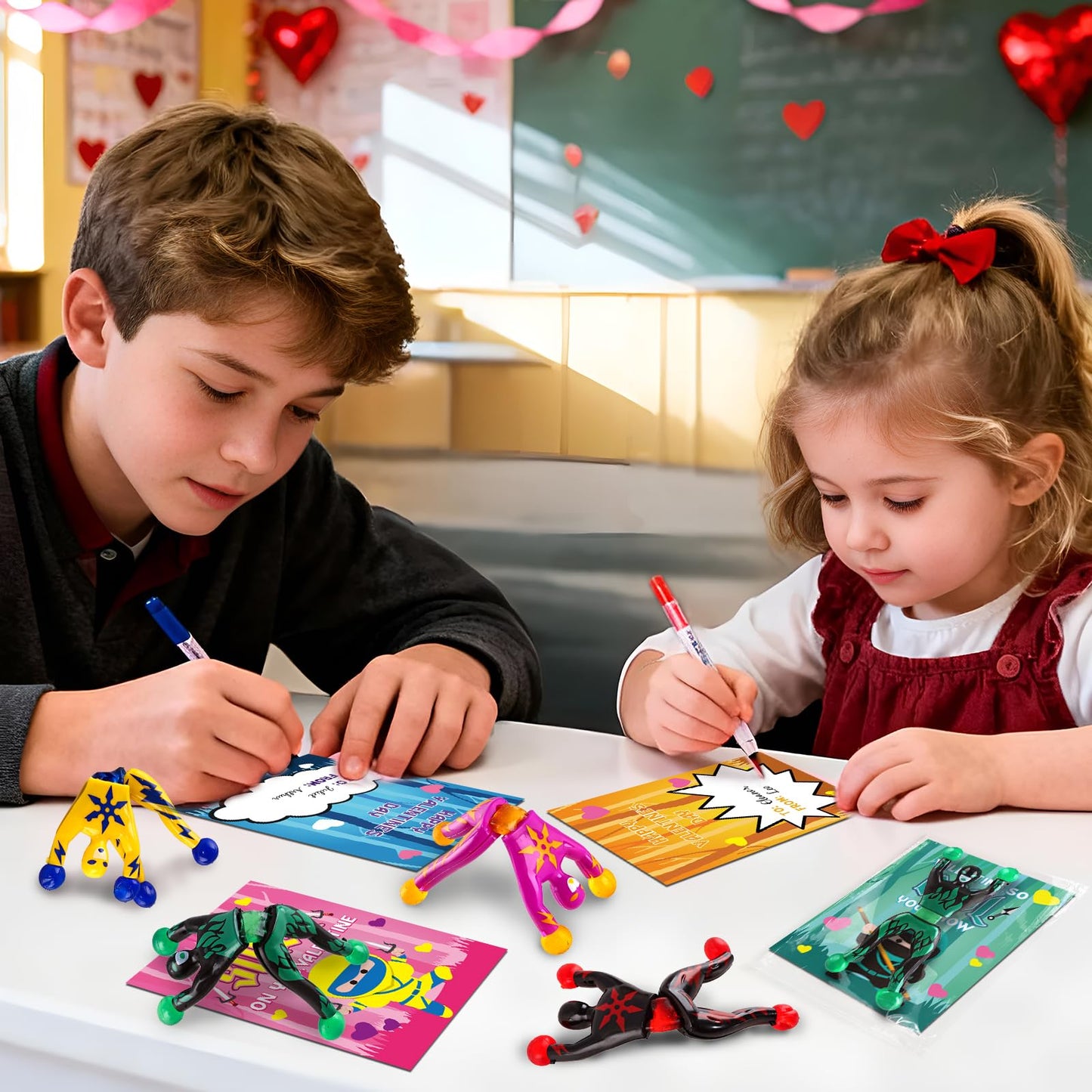 SpringFlower 28-Pack Valentines Cards with Ninja Sticky Toys – Classroom Gifts & Party Favors