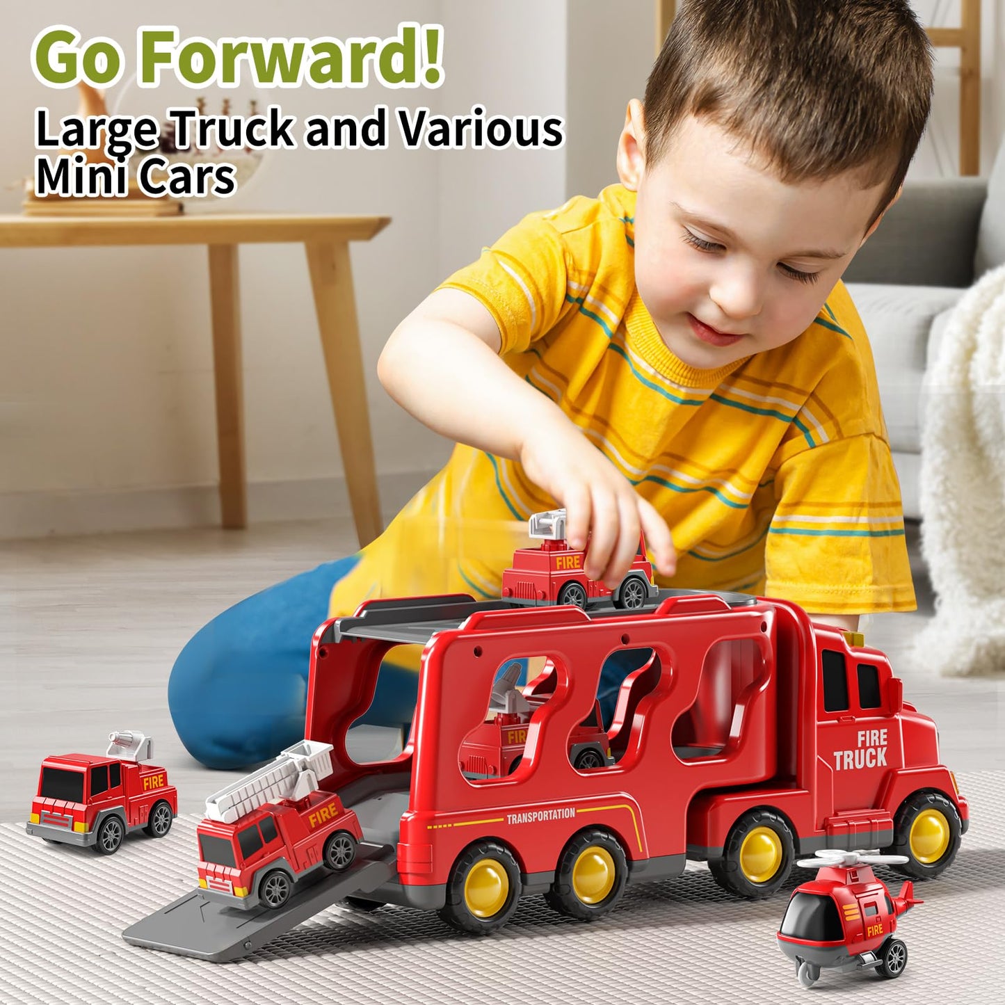 JUKUDAHU 5-in-1 Fire Carrier Truck Toy Set for Kids 3-9
