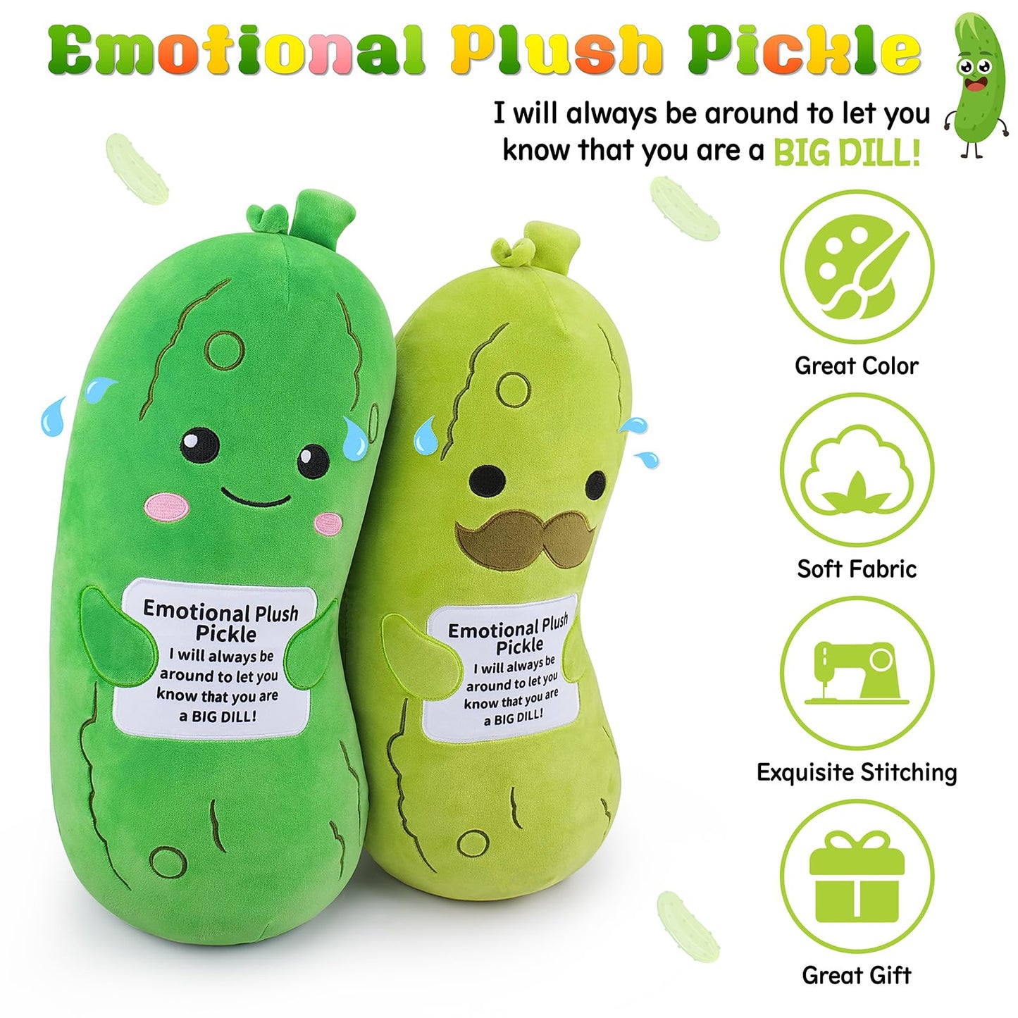 Sprinqdawin Emotional Plush Pickle 20-Inch — Pickle Stuffed Animal with Positive Warm Words | Plush Toy & Pillow