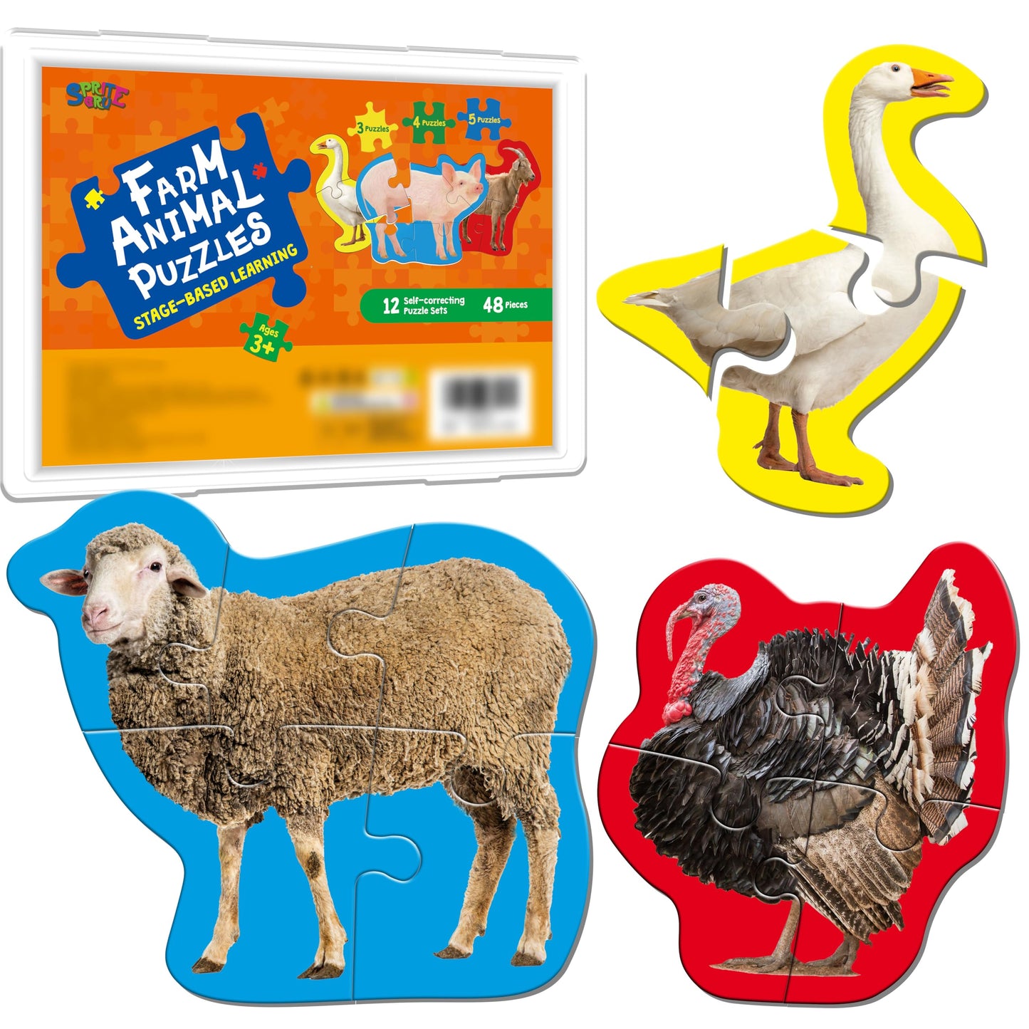 SpriteGru 12-Pack Realistic Farm Animal Puzzles – Step-by-Step 48-Piece Jigsaws for Beginners (Ages 3+)