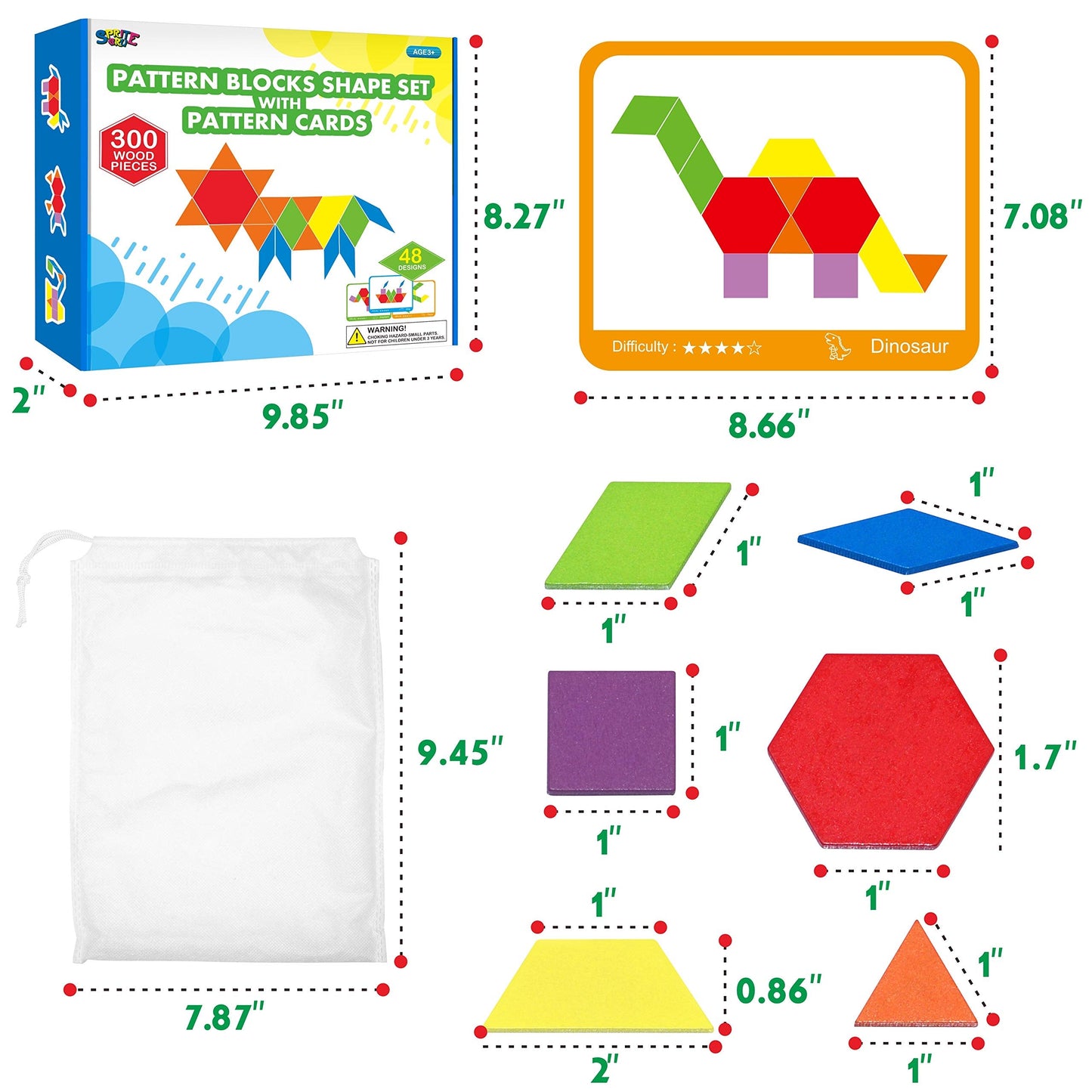 SpriteGru 300-Piece Wooden Pattern Blocks Set for Kids – 24 Double-Sided Cards (48 Patterns), Storage Bag & Gift Box