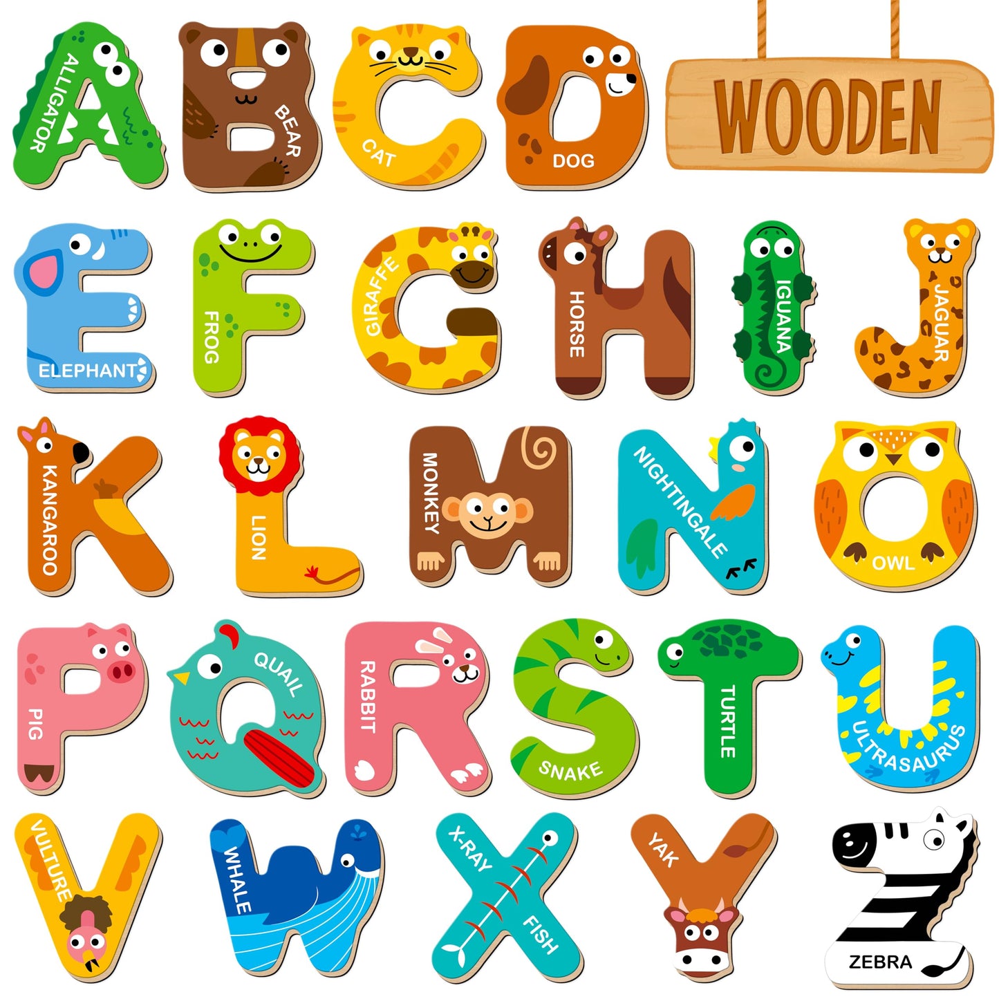 SpriteGru 26 Magnetic Wooden Letters – Animal Alphabet Fridge Magnets for Kids