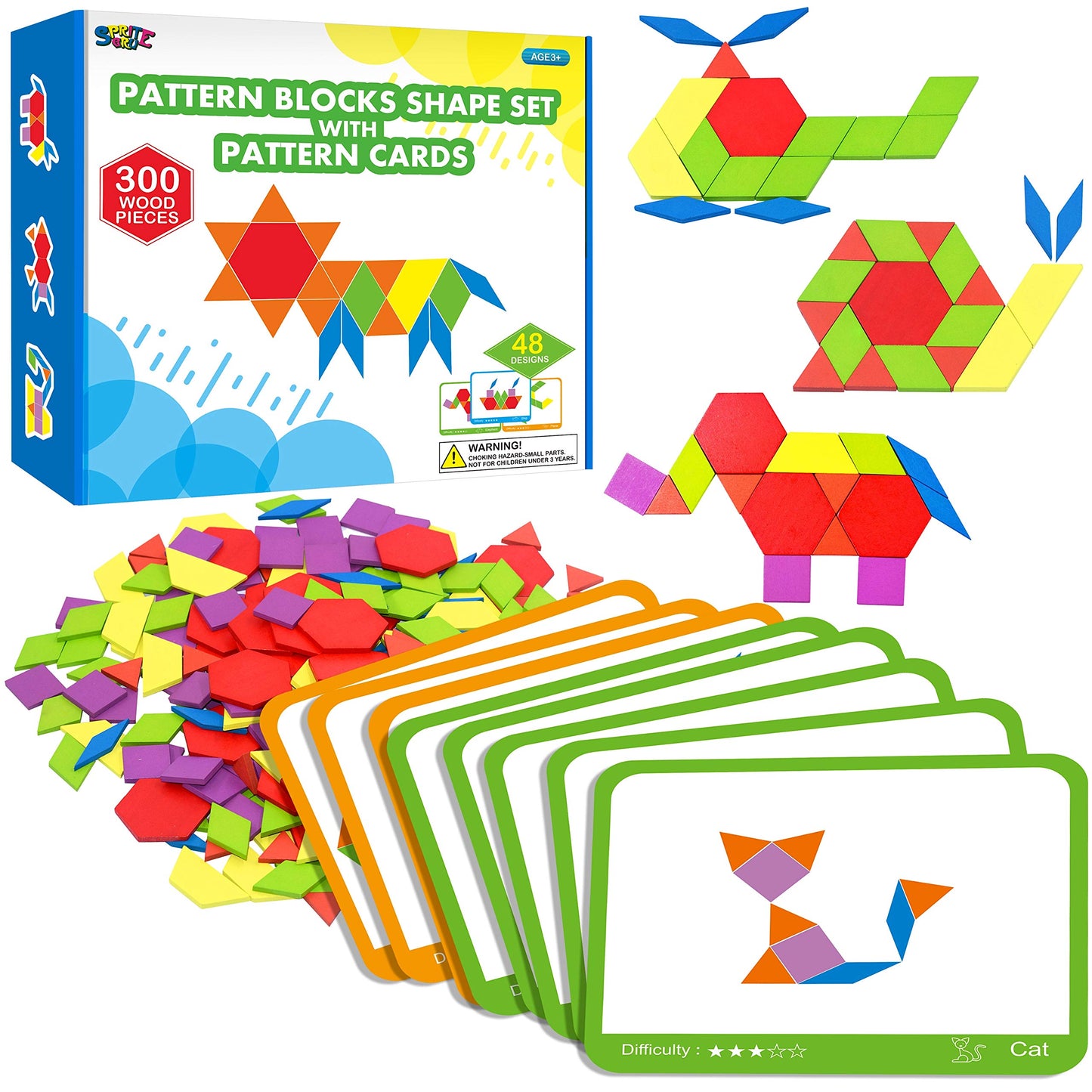 SpriteGru 300-Piece Wooden Pattern Blocks Set for Kids – 24 Double-Sided Cards (48 Patterns), Storage Bag & Gift Box