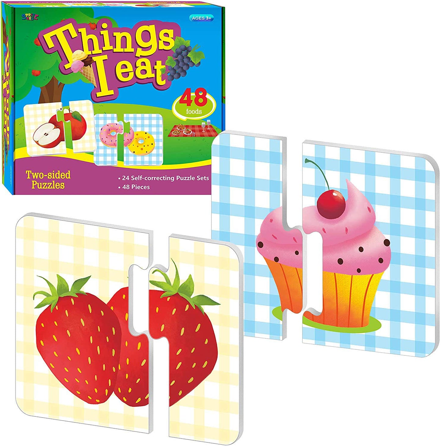 SpriteGru 48 Food Matching Puzzles with Error-Correction — 24 Double-Sided Blocks for Preschool Learning