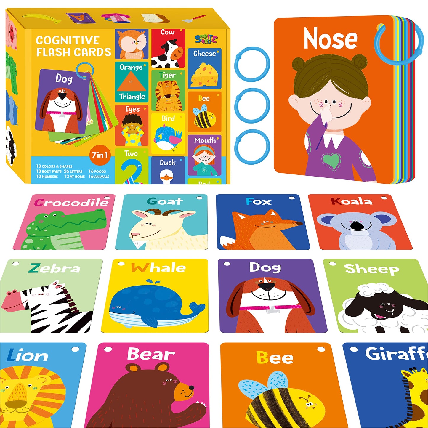 SpriteGru 50-Piece Kid First Cognitive Flashcards – 7-in-1 Colorful Alphabet, Numbers, Foods, Animals, Shapes, Colors with 3 Rings