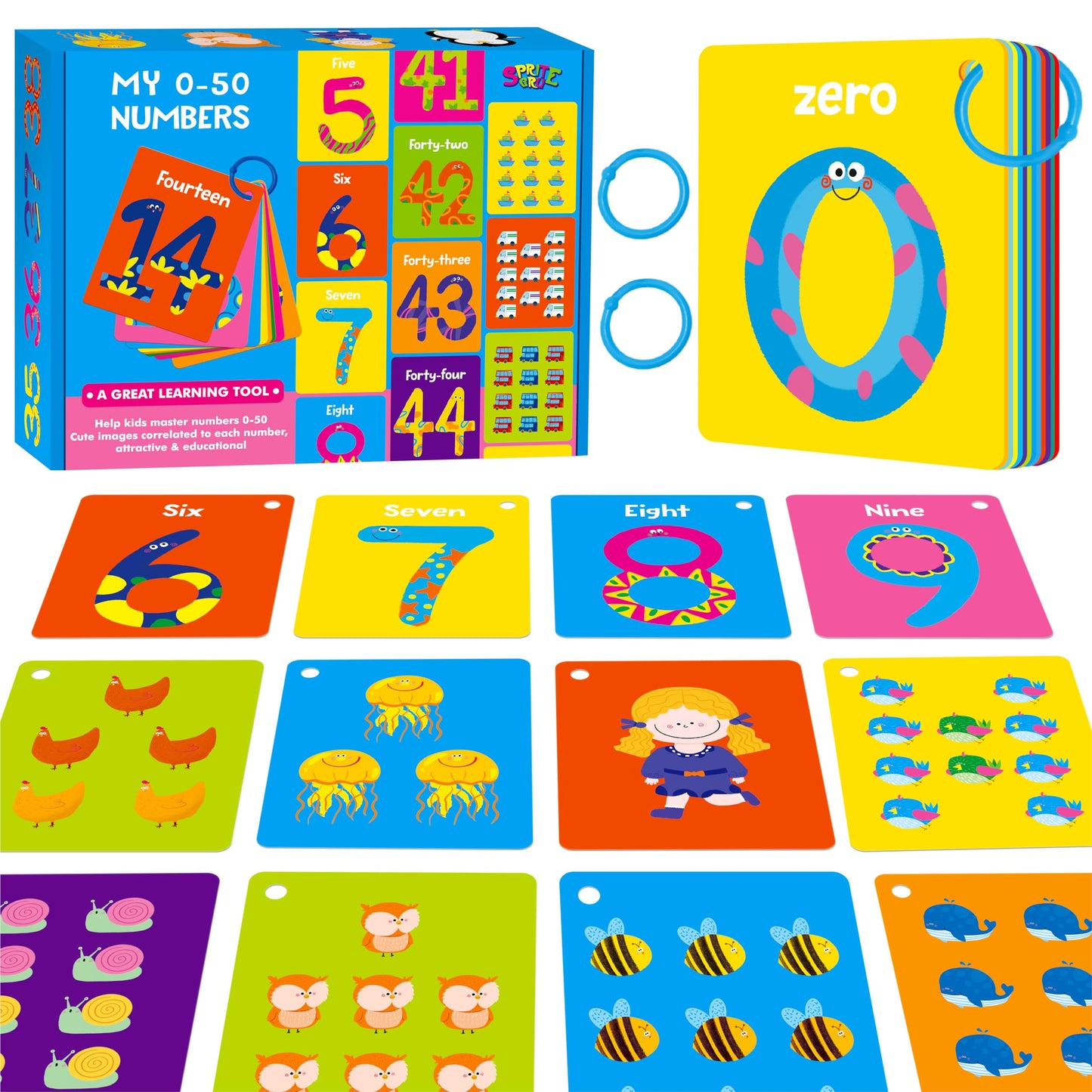 SpriteGru 51 Number Flashcards 0-50 – Double-Sided, Reclosable Rings