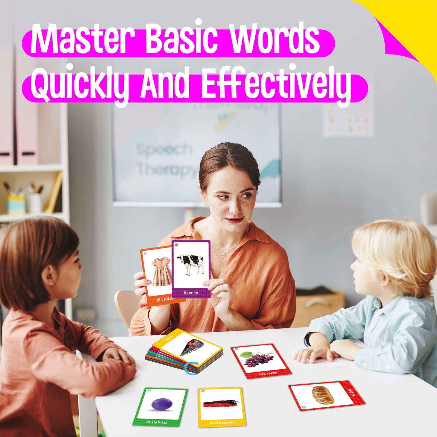 SpriteGru 60 English-Spanish Flash Cards for Beginners | Bilingual Nouns with 2 Rings