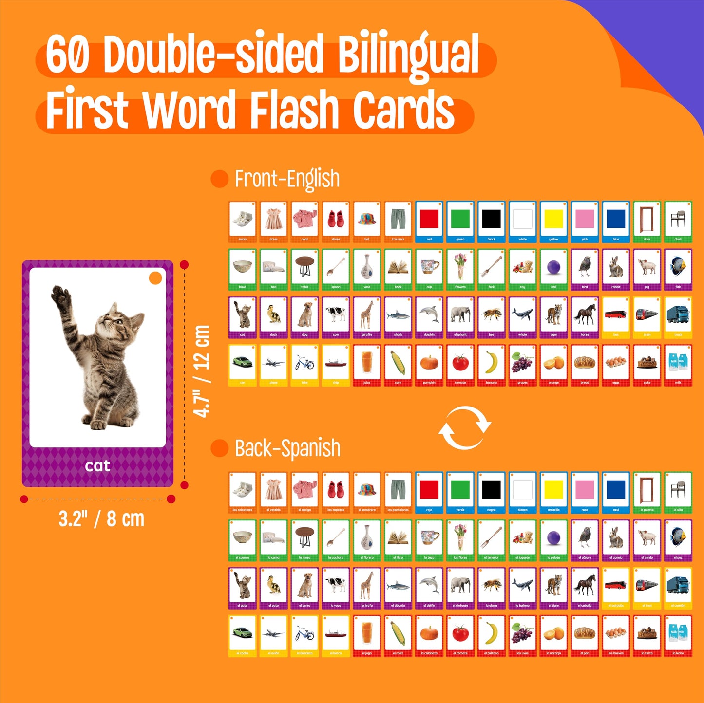 SpriteGru 60 English-Spanish Flash Cards for Beginners | Bilingual Nouns with 2 Rings