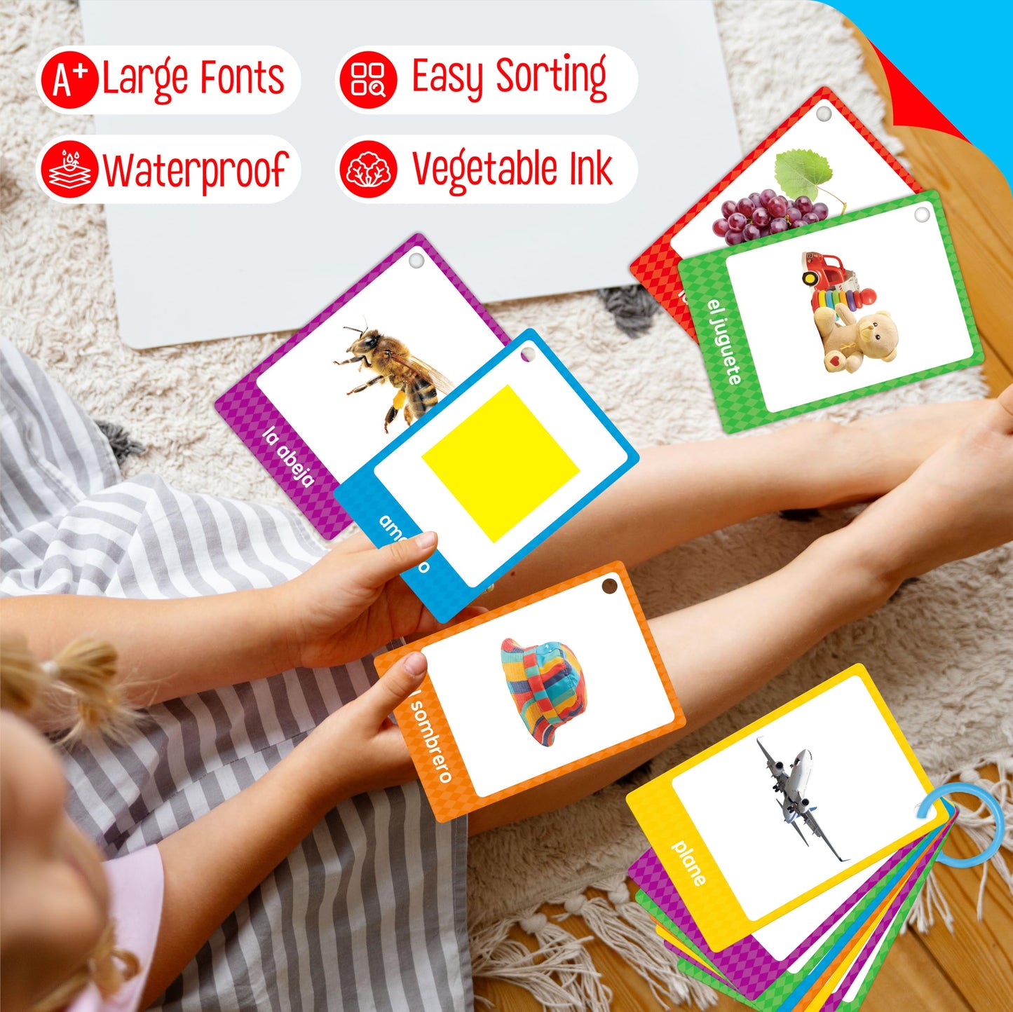 SpriteGru 60 English-Spanish Flash Cards for Beginners | Bilingual Nouns with 2 Rings