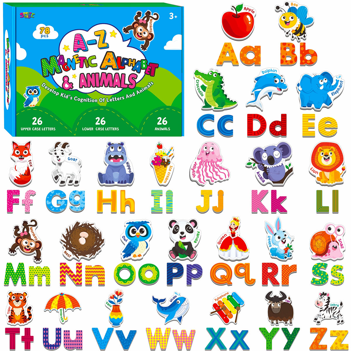 SpriteGru 78 Magnetic Alphabet Set – Uppercase, Lowercase & Animal Pattern Magnets for Toddlers