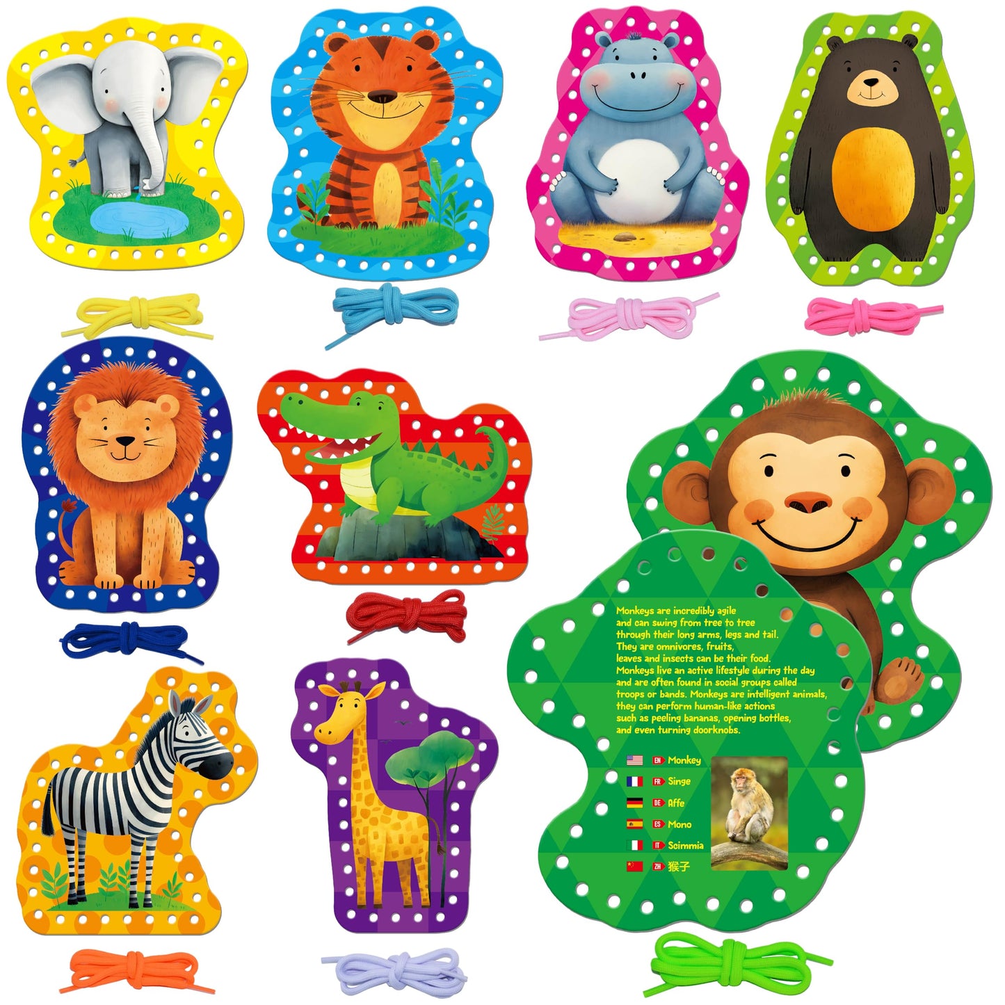 SpriteGru 9-Piece Kids Lacing Cards | 9 Wild Animals Sewing Cards + Colorful Laces