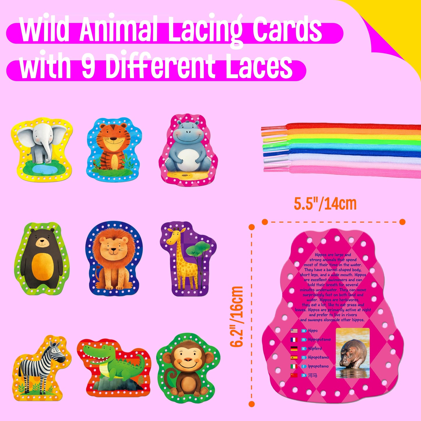 SpriteGru 9-Piece Kids Lacing Cards | 9 Wild Animals Sewing Cards + Colorful Laces