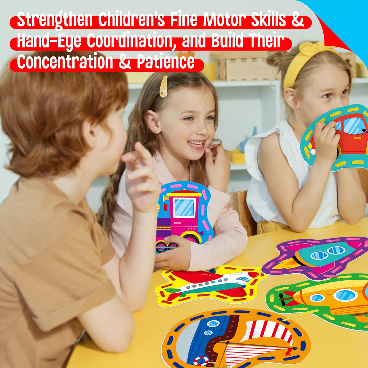 SpriteGru 9-Piece Kids Lacing Cards – Double-Sided Vehicles with Colorful Laces