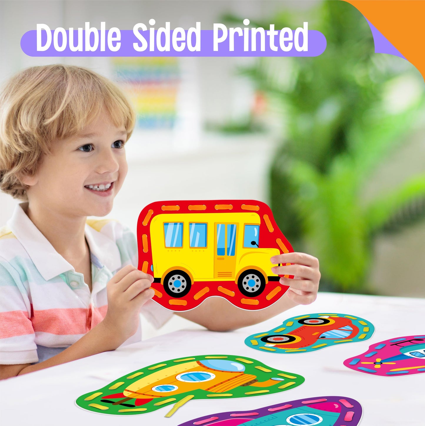 SpriteGru 9-Piece Kids Lacing Cards – Double-Sided Vehicles with Colorful Laces