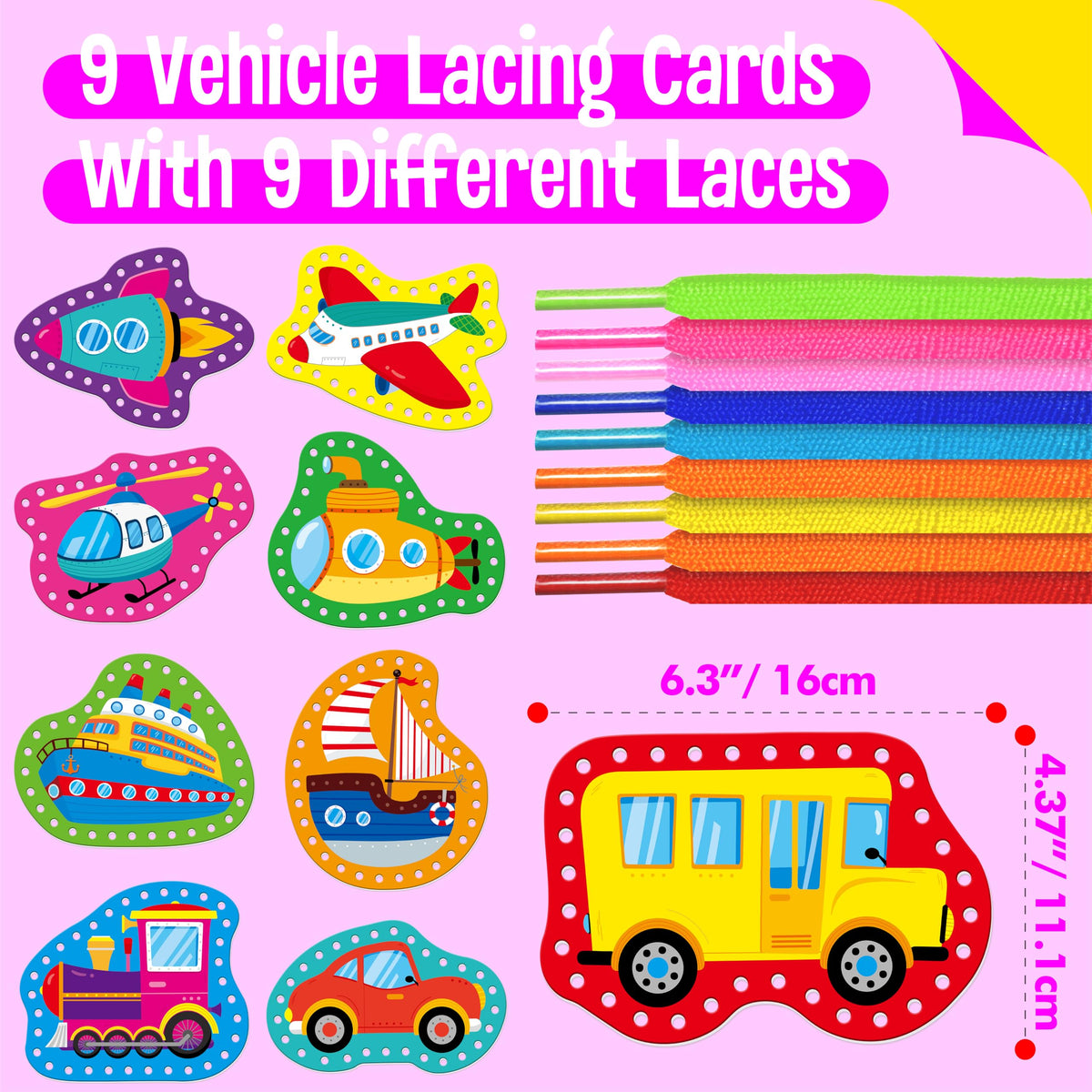 SpriteGru 9-Piece Kids Lacing Cards – Double-Sided Vehicles with Colorful Laces