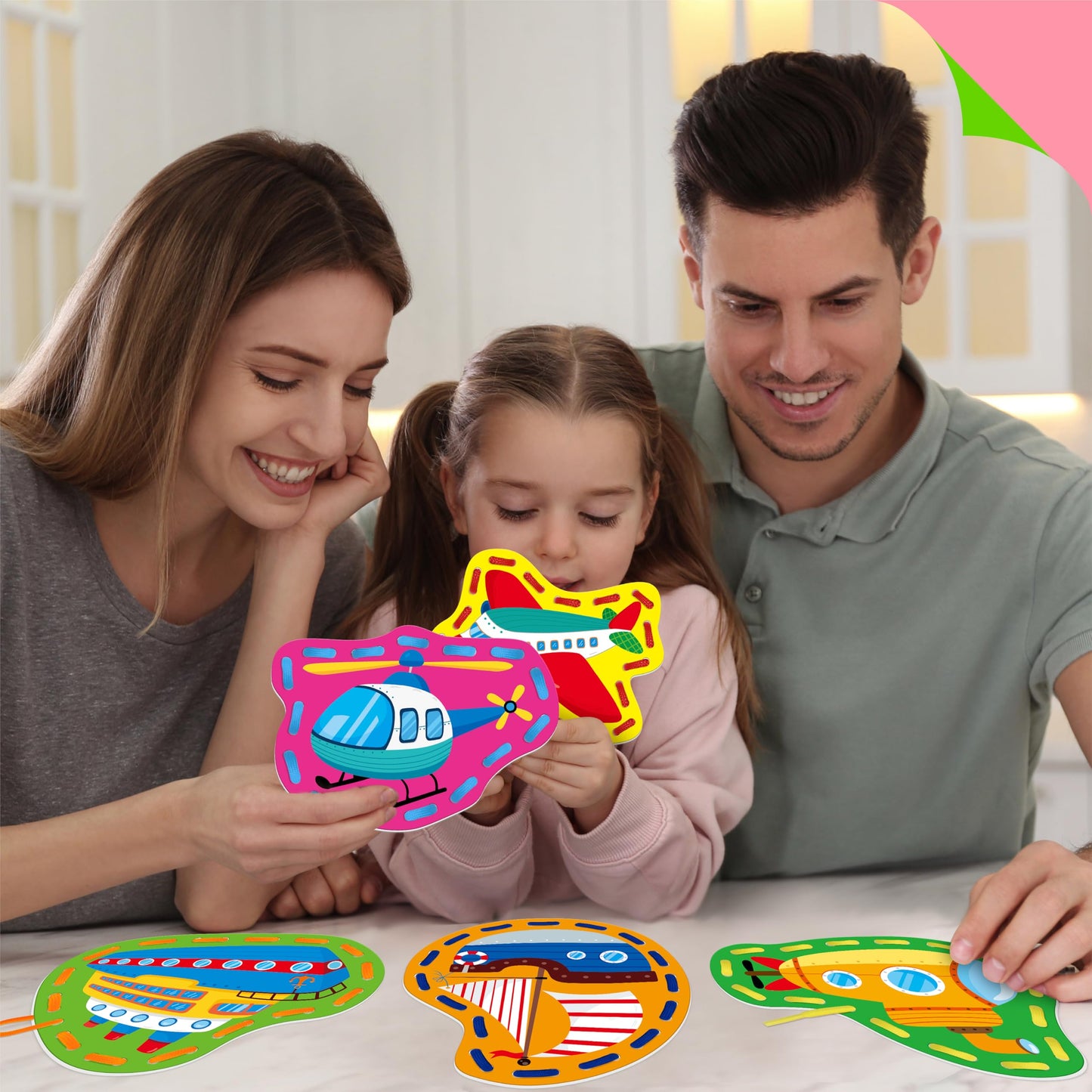 SpriteGru 9-Piece Kids Lacing Cards – Double-Sided Vehicles with Colorful Laces