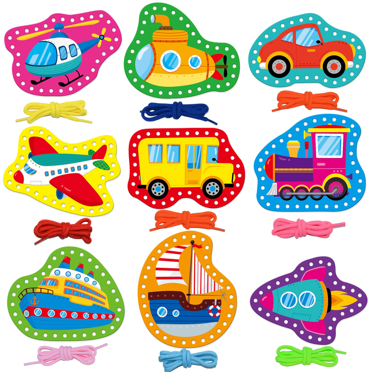 SpriteGru 9-Piece Kids Lacing Cards – Double-Sided Vehicles with Colorful Laces