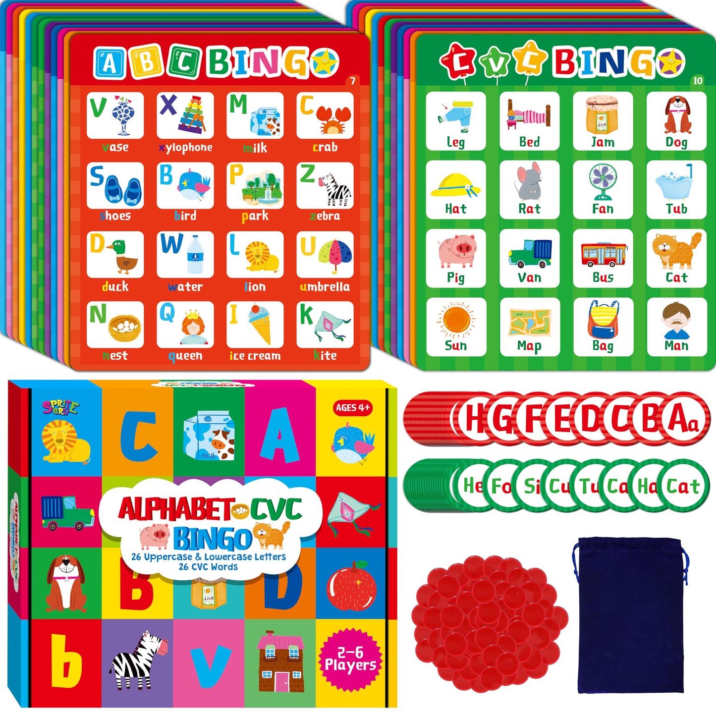 SpriteGru Alphabet & CVC Bingo Game – 12 Double-Sided Boards for Letters & CVC Words