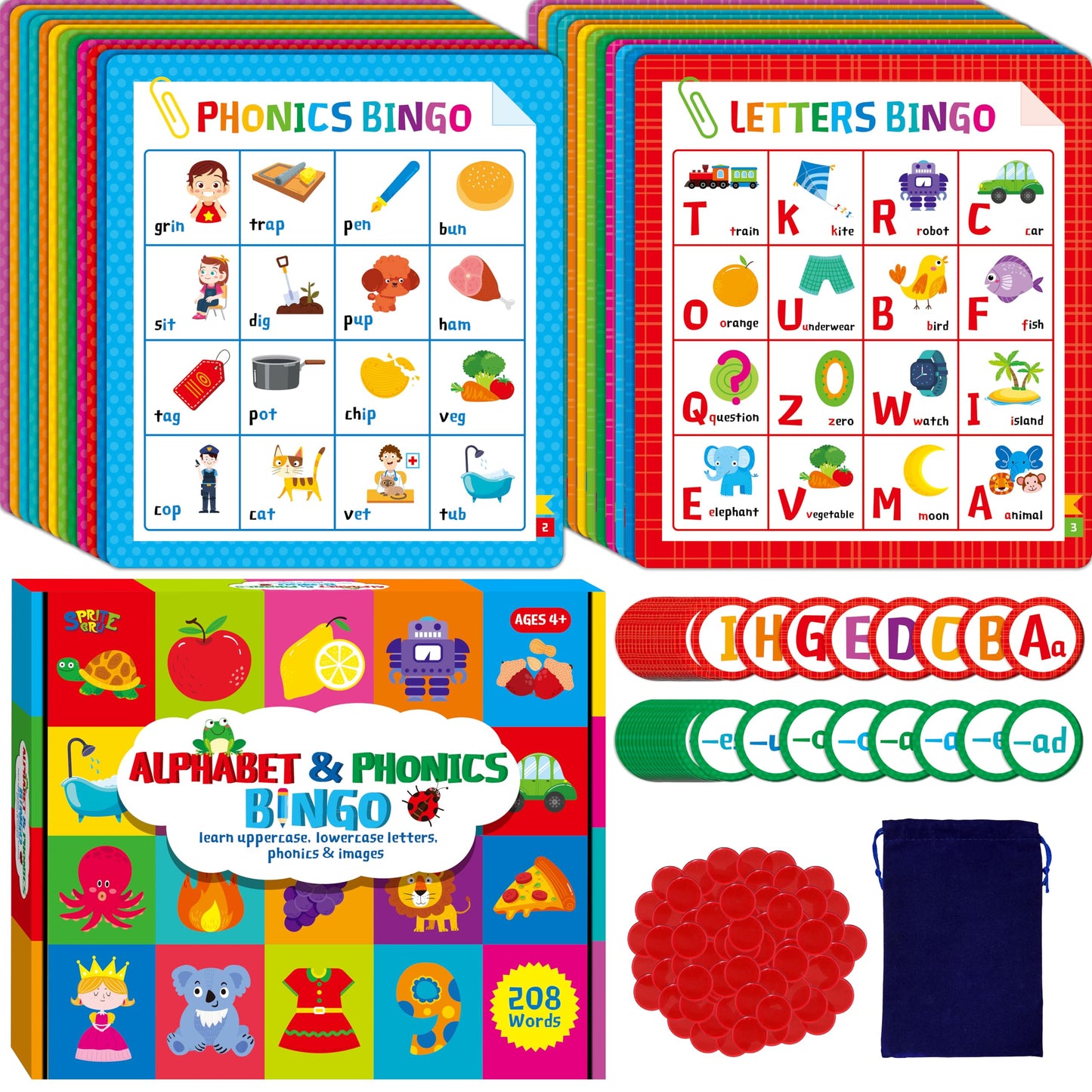 SpriteGru Alphabet & Phonics Bingo – 12 Boards, ABC Letters & CVC Blends (Ages 4+)