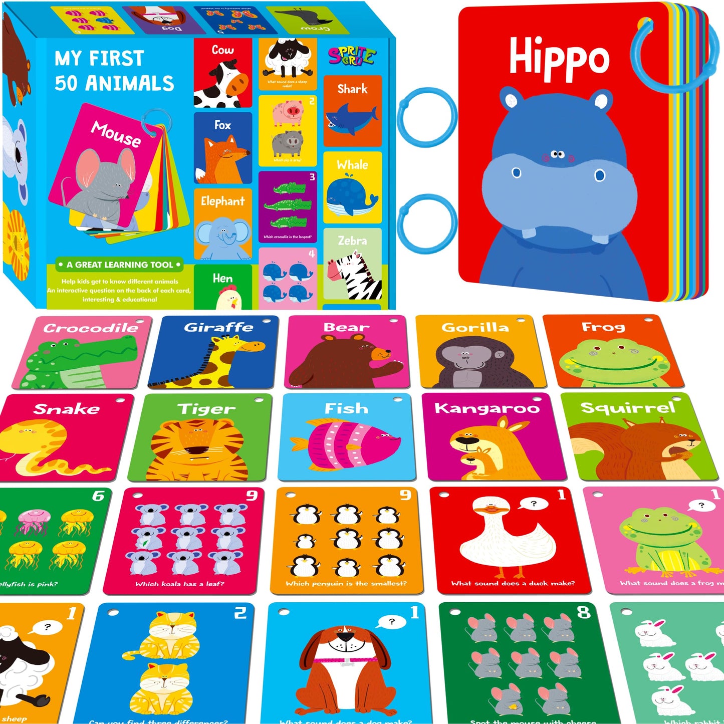 SpriteGru Animal Flashcards – 50 Double-Sided Cards for Preschoolers (Wild, Farm & Marine)