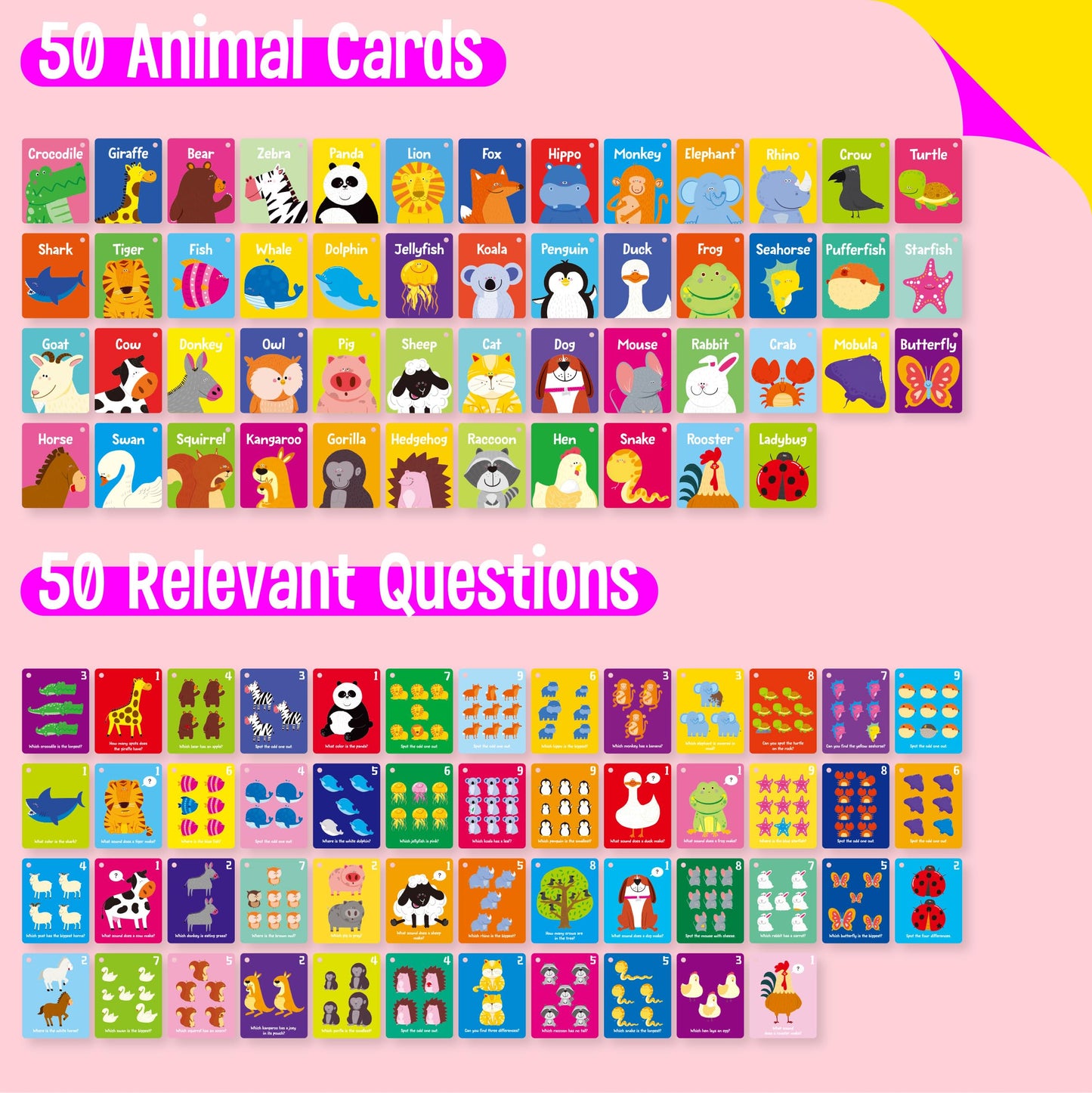 SpriteGru Animal Flashcards – 50 Double-Sided Cards for Preschoolers (Wild, Farm & Marine)