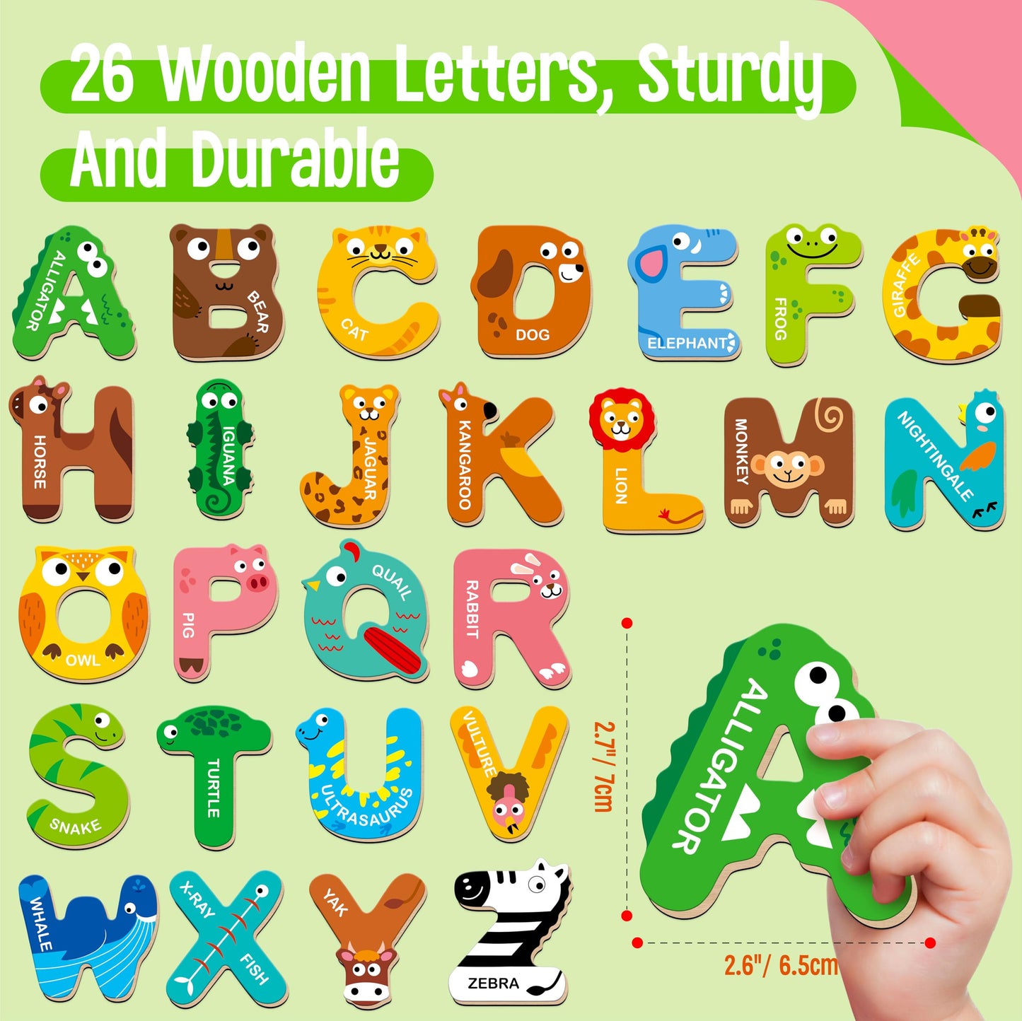 SpriteGru 26 Magnetic Wooden Letters – Animal Alphabet Fridge Magnets for Kids