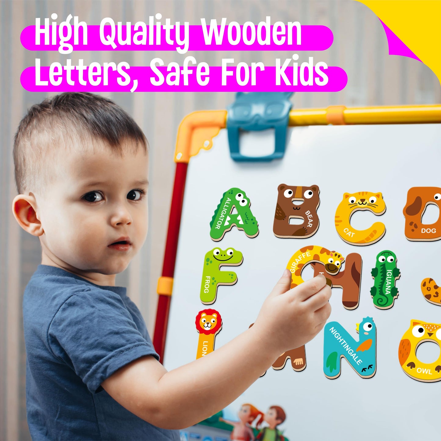 SpriteGru 26 Magnetic Wooden Letters – Animal Alphabet Fridge Magnets for Kids
