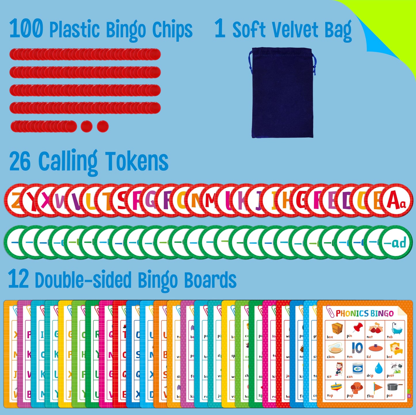 SpriteGru Alphabet & Phonics Bingo – 12 Boards, ABC Letters & CVC Blends (Ages 4+)
