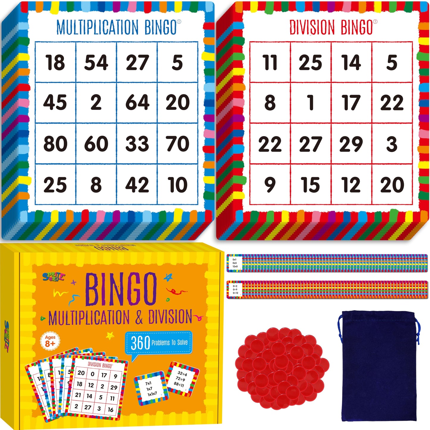 SpriteGru Multiplication & Division Bingo Game – 360 Math Problems for Kindergarten & Preschool | Classroom & Home