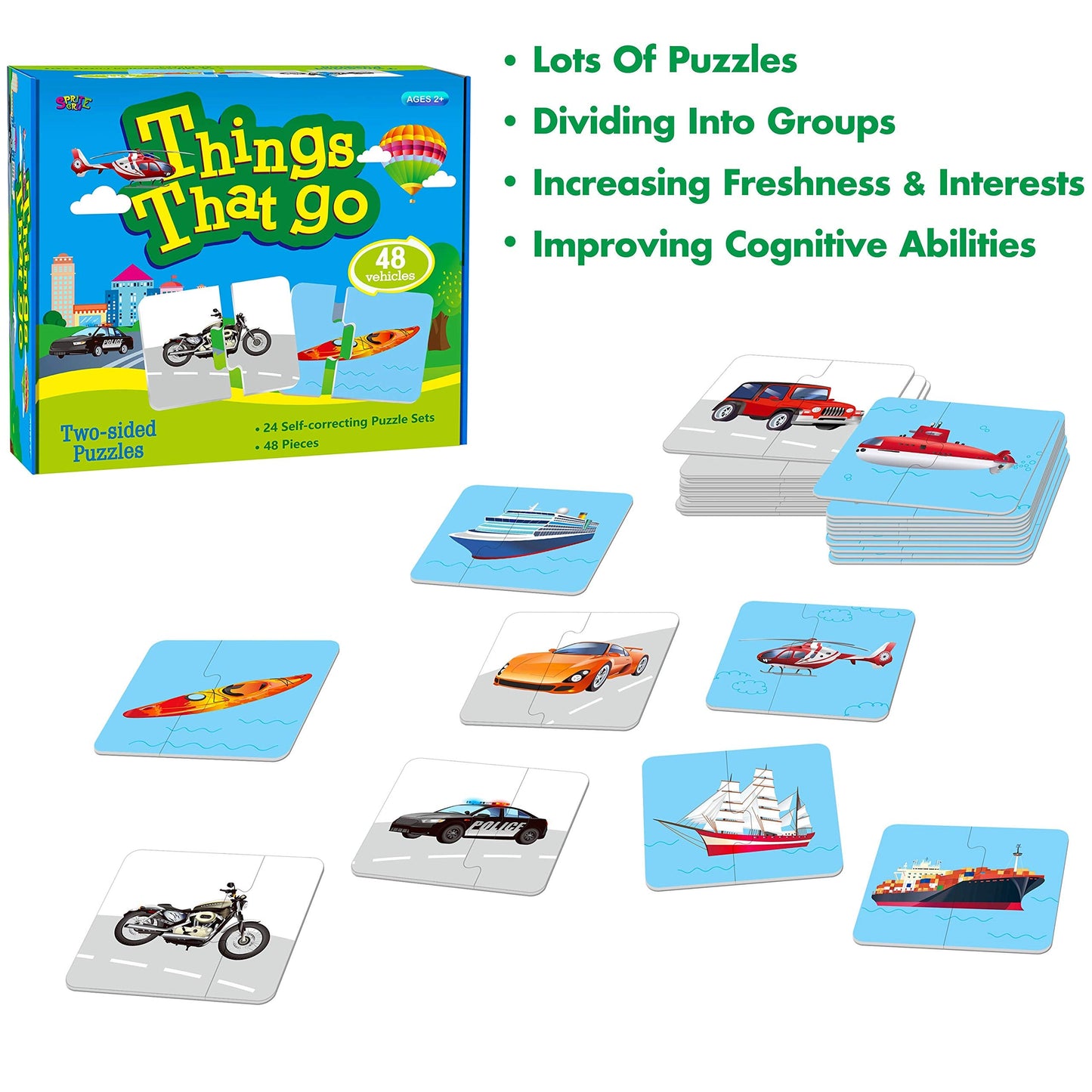 SpriteGru 48 Vehicle Matching Puzzles – Pre-Primer, 24 Double-Sided Blocks