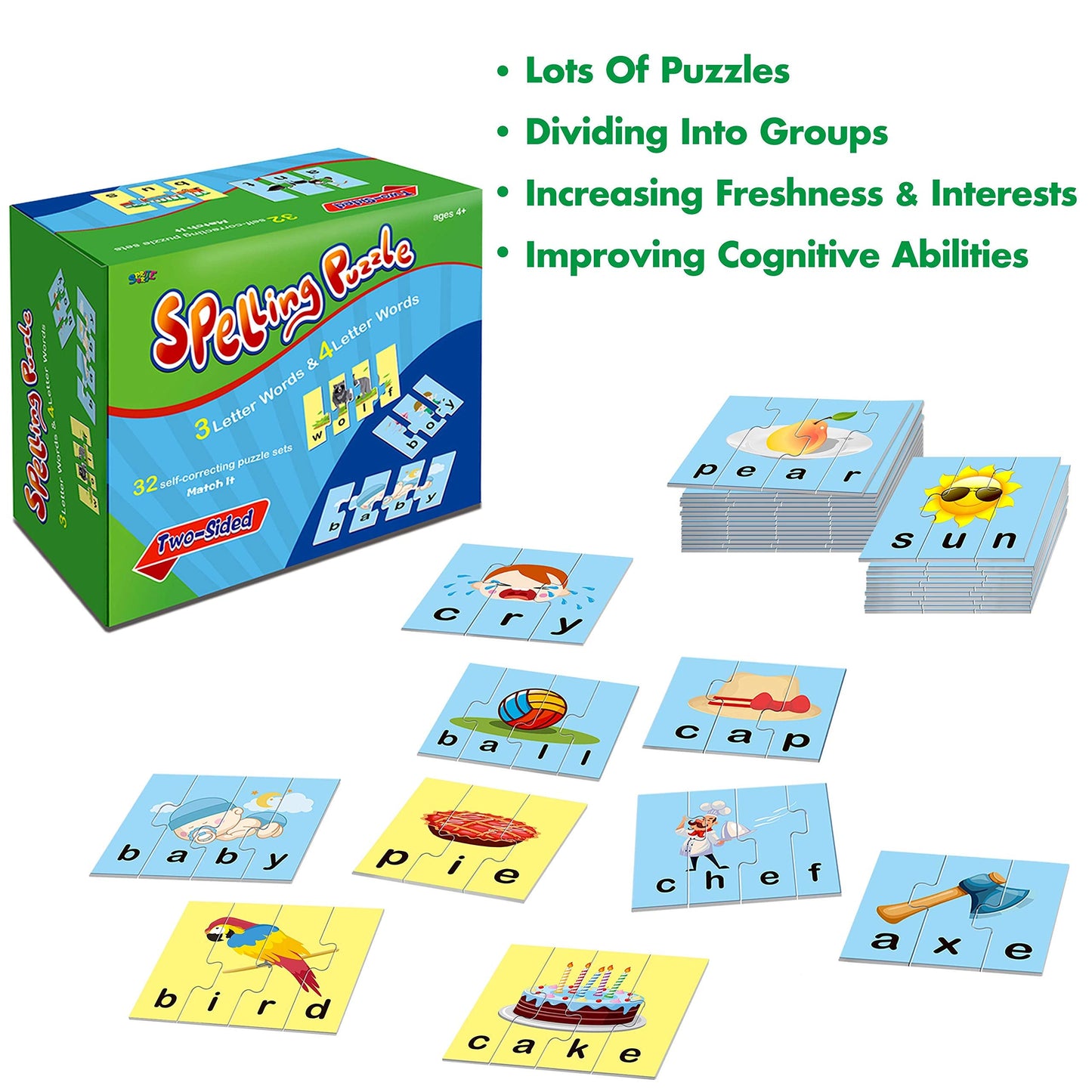 SpriteGru 72-Word Spelling Puzzles with Self-Correction – 3 & 4 Piece Preschool Blocks (36 Double-Sided)