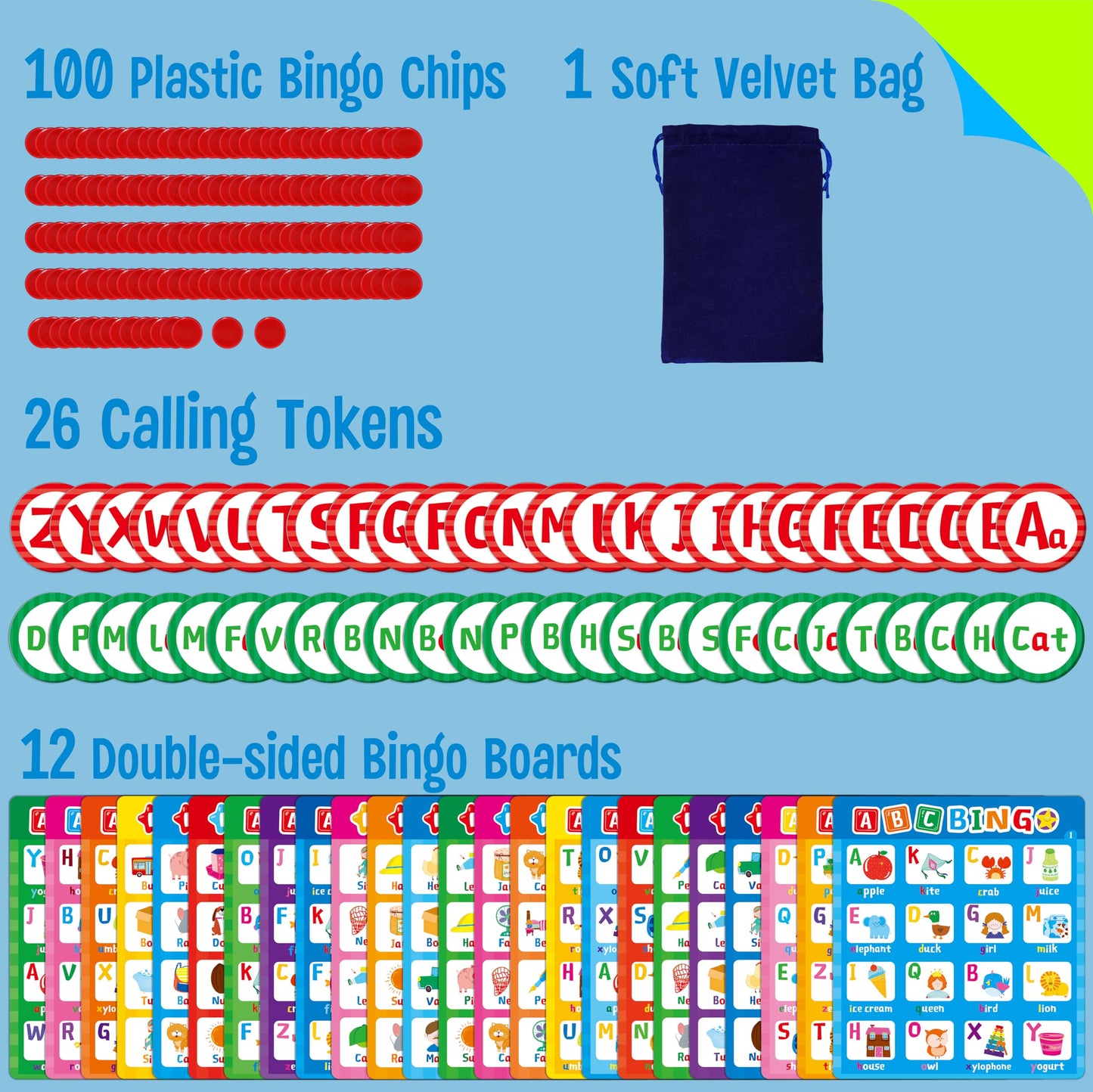 SpriteGru Alphabet & CVC Bingo Game – 12 Double-Sided Boards for Letters & CVC Words