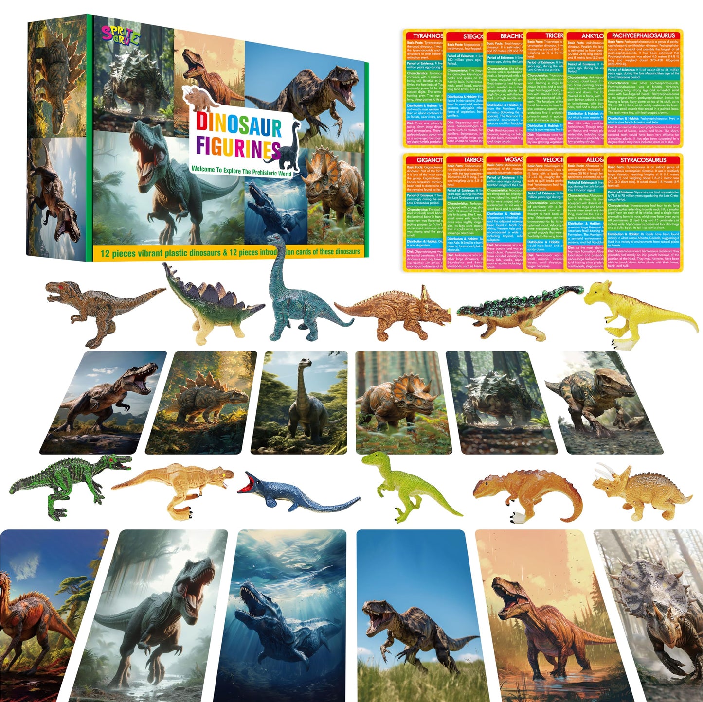 SpriteGru 12-Piece Dinosaur Figurines with Flashcards | Montessori Learning Kit for Kids