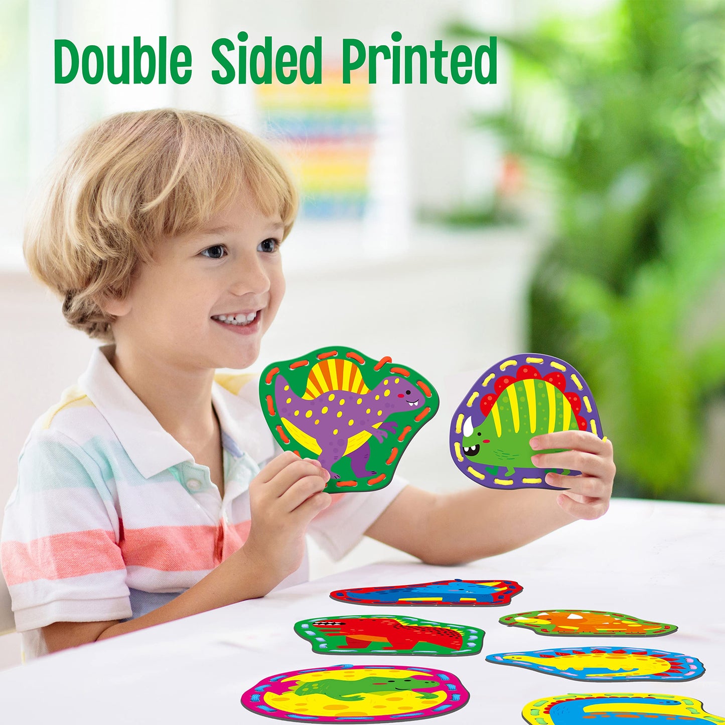 SpriteGru 9 Pieces Kids Lacing Cards – Double-Sided Dinosaur Lacing Set with 9 Colorful Laces