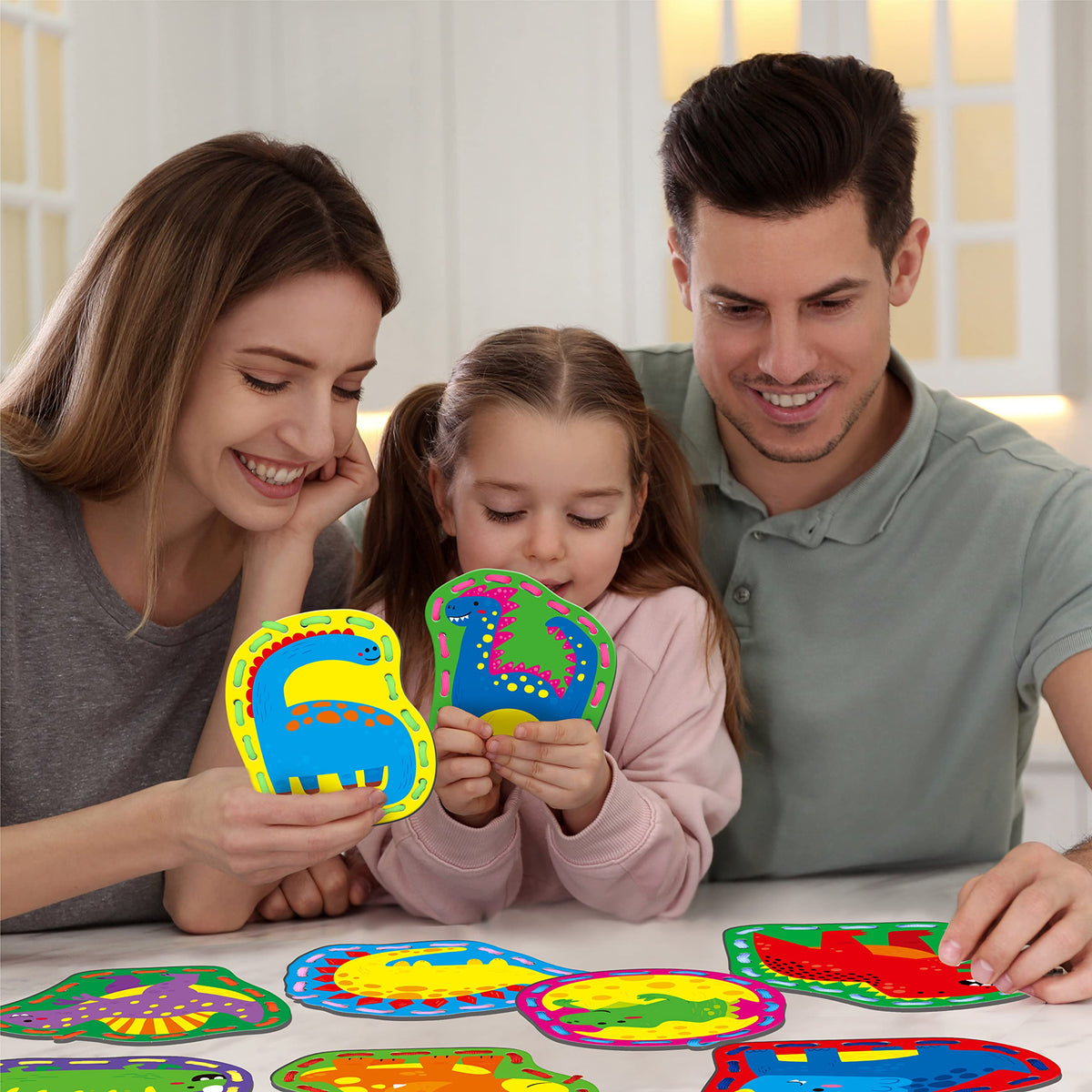 SpriteGru 9 Pieces Kids Lacing Cards – Double-Sided Dinosaur Lacing Set with 9 Colorful Laces