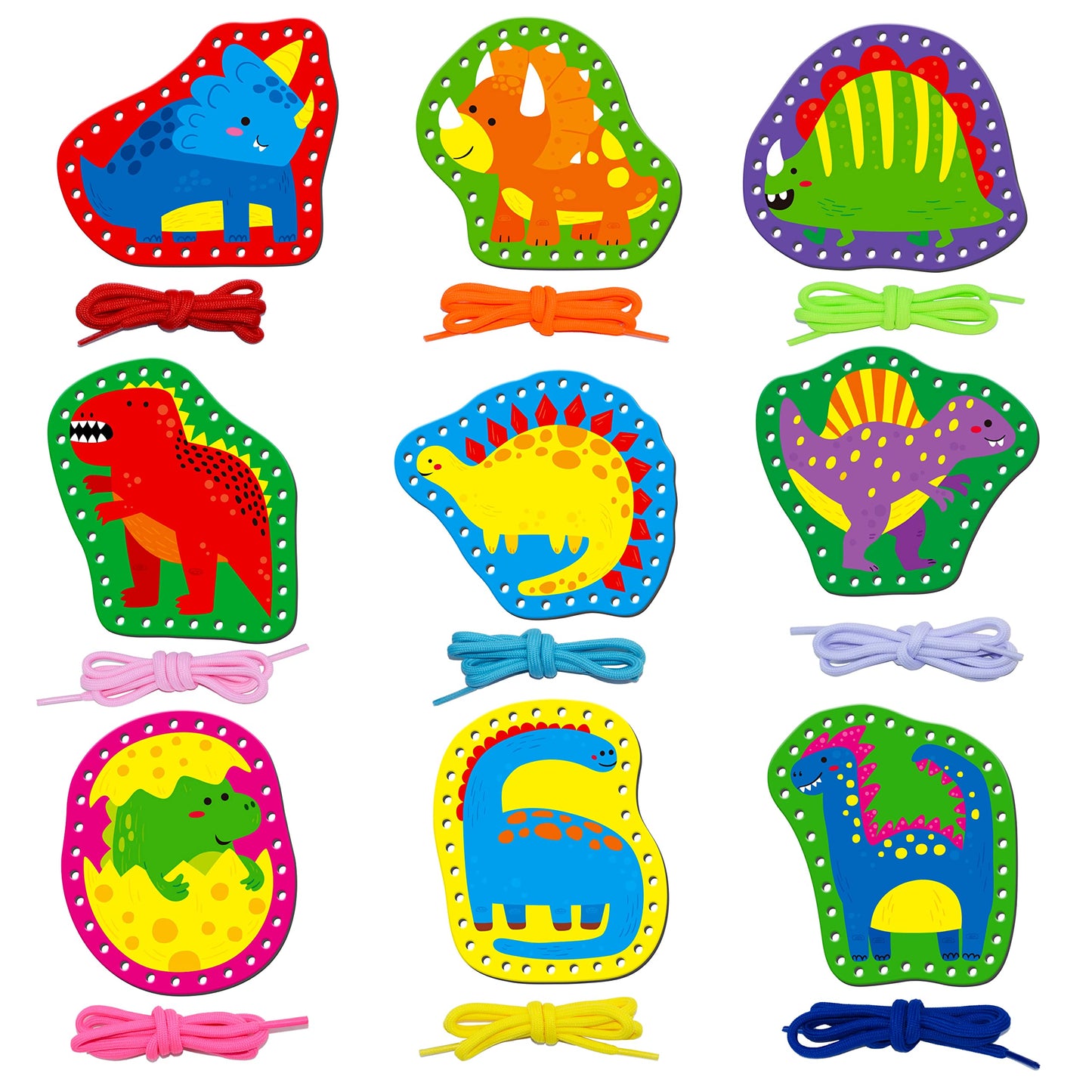 SpriteGru 9 Pieces Kids Lacing Cards – Double-Sided Dinosaur Lacing Set with 9 Colorful Laces