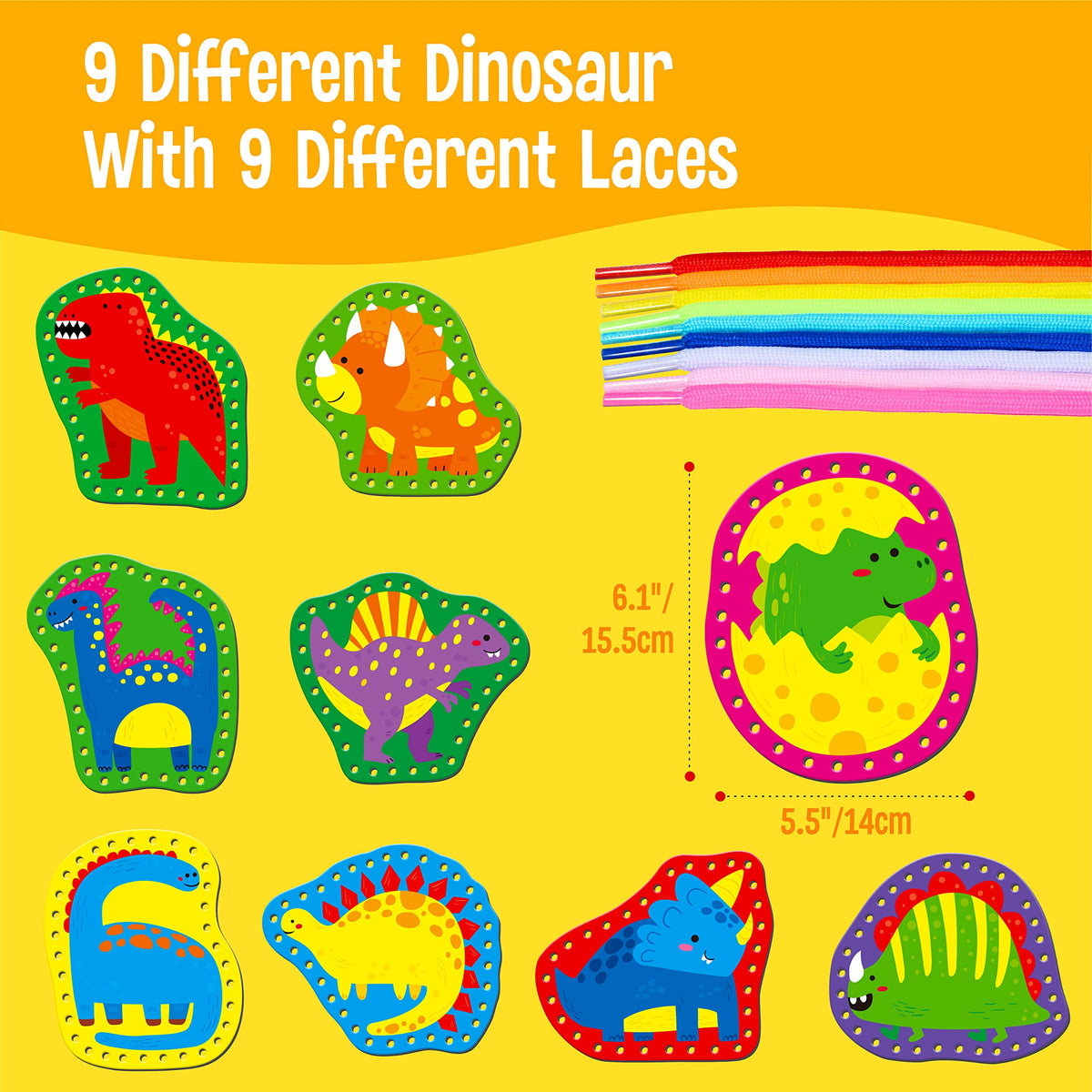 SpriteGru 9 Pieces Kids Lacing Cards – Double-Sided Dinosaur Lacing Set with 9 Colorful Laces